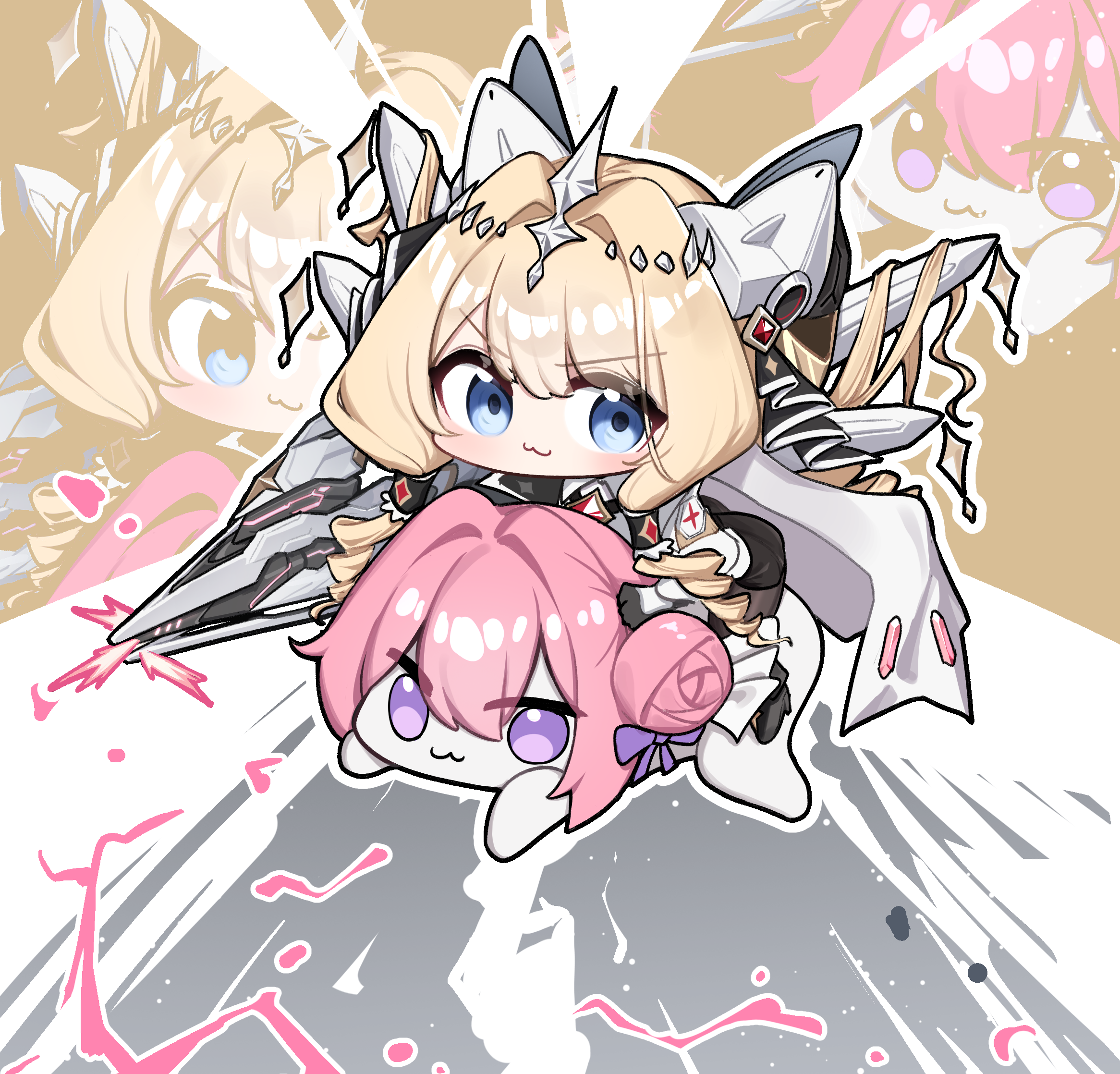 yabby, crown (nikke), doro (nikke), akira (manga), goddess of victory: nikke, highres, 2girls, :3, akira slide, black gloves, black pantyhose, black shorts, blonde hair, blue eyes, bow, brown background, chibi, closed mouth, colorful background, crown, double-parted bangs, drill hair, full body, gloves, grey background, hair between eyes, hair bow, hair bun, hair tubes, holding, holding polearm, holding weapon, long hair, looking at viewer, multiple girls, pantyhose, pink hair, polearm, purple bow, purple eyes, riding, shirt, shorts, single side bun, smile, spear, twin drills, v-shaped eyebrows, weapon, white shirt, zoom layer
