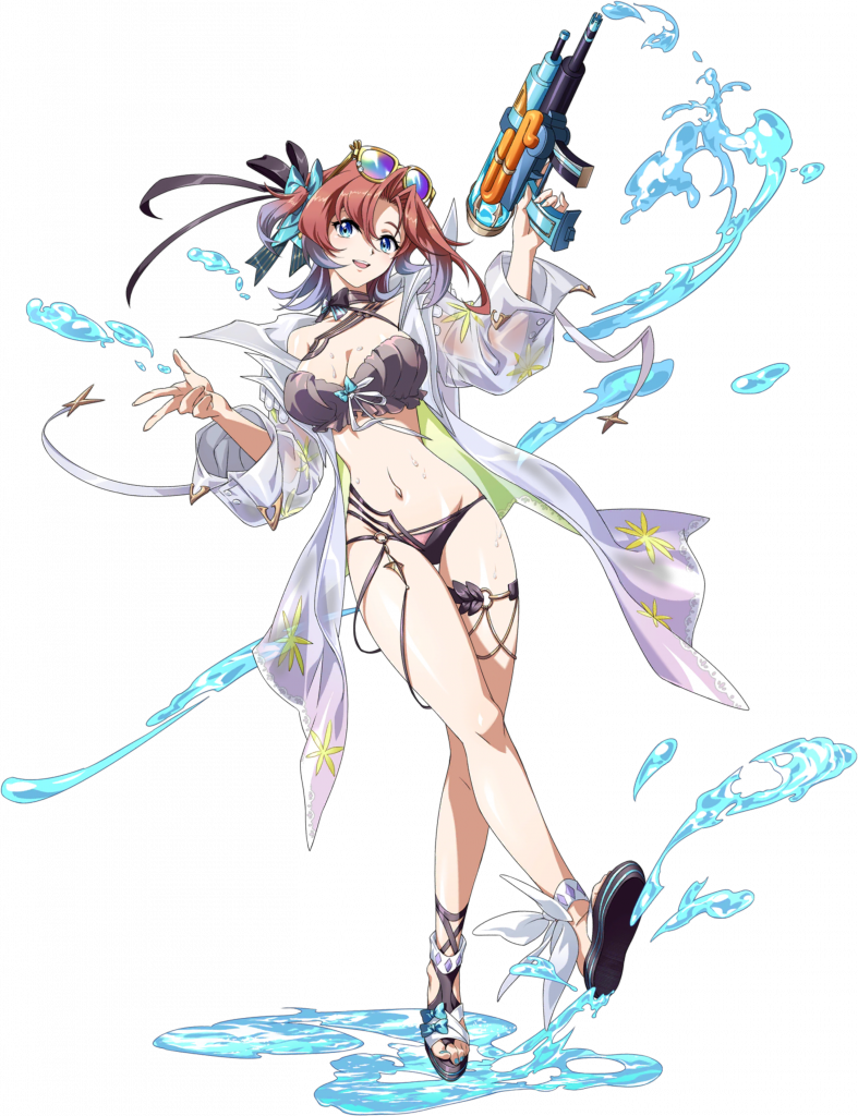langrisser, langrisser mobile, game cg, official art, third-party source, 1girl, :d, bikini, black bikini, black ribbon, blue eyes, blue ribbon, bow, breasts, choker, cleavage, criss-cross halter, curtained hair, eyewear on head, full body, hair between eyes, hair bow, halterneck, holding, holding water gun, jacket, leg up, legs, looking at viewer, medium breasts, medium hair, nail polish, navel, official alternate costume, open clothes, open jacket, open mouth, platform sandals, popped collar, precia (langrisser), puddle, red hair, ribbon, sandals, see-through clothes, see-through jacket, simple background, smile, solo, splashing, standing, standing on one leg, stomach, sunglasses, swimsuit, tachi-e, thigh strap, toenail polish, toenails, toes, transparent background, water, water gun, wet, wet clothes