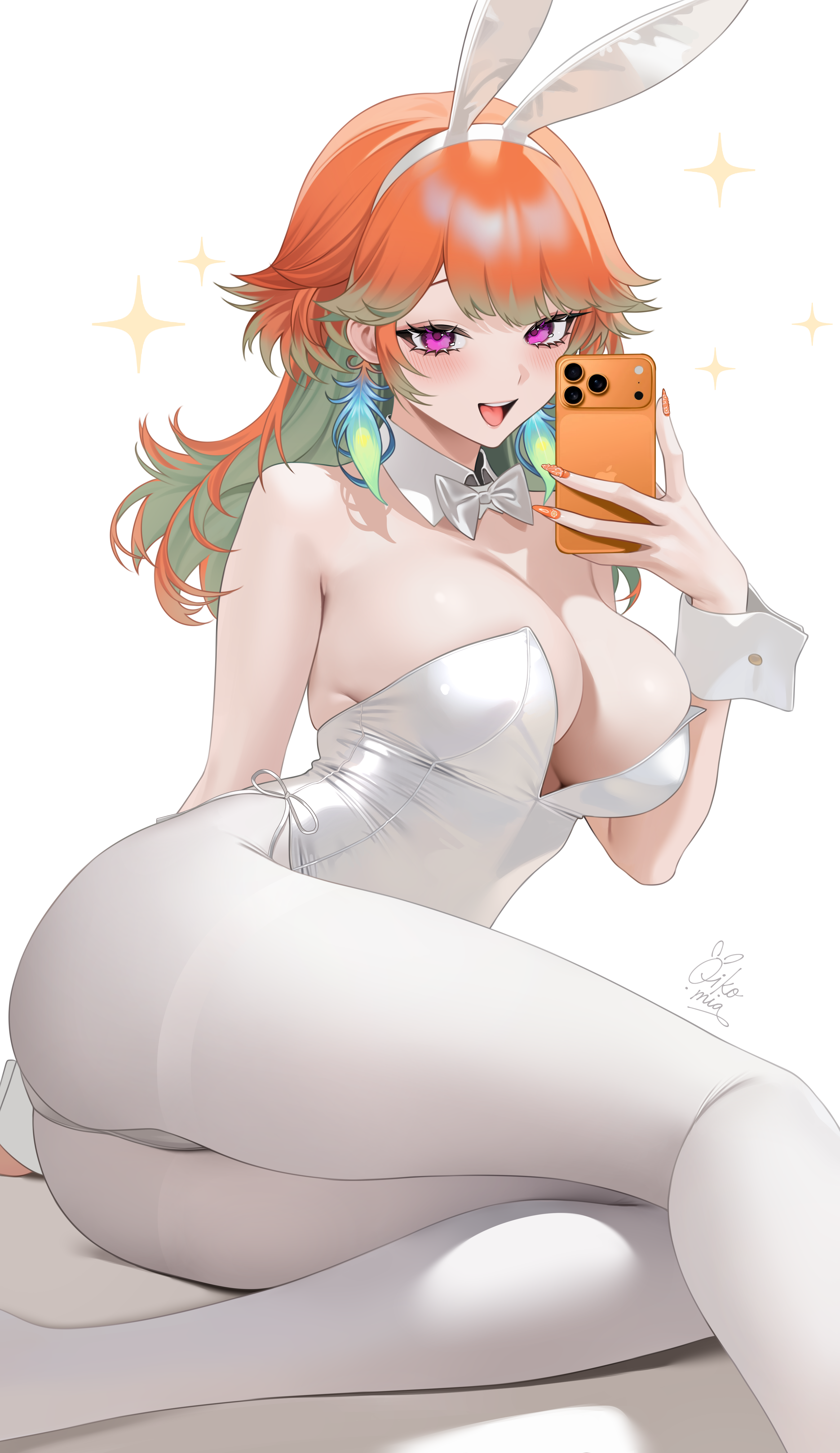oikomia, takanashi kiara, hololive, hololive english, absurdres, highres, 1girl, :d, animal ear hairband, animal ears, arm behind back, arm support, ass, bare shoulders, bow, bowtie, breasts, cellphone, cleavage, colored inner hair, detached collar, fake animal ears, feathers, gradient hair, green feathers, green hair, hair flaps, hairband, highleg, highleg leotard, holding, holding phone, iphone 17 pro, large breasts, leotard, long hair, looking at viewer, multicolored hair, open mouth, orange hair, orange nails, phone, playboy bunny, purple eyes, rabbit ear hairband, rabbit ears, selfie, simple background, smartphone, smile, solo, strapless, strapless leotard, teeth, traditional bowtie, upper teeth only, virtual youtuber, white background, white bow, white bowtie, white leotard, white wrist cuffs, wrist cuffs