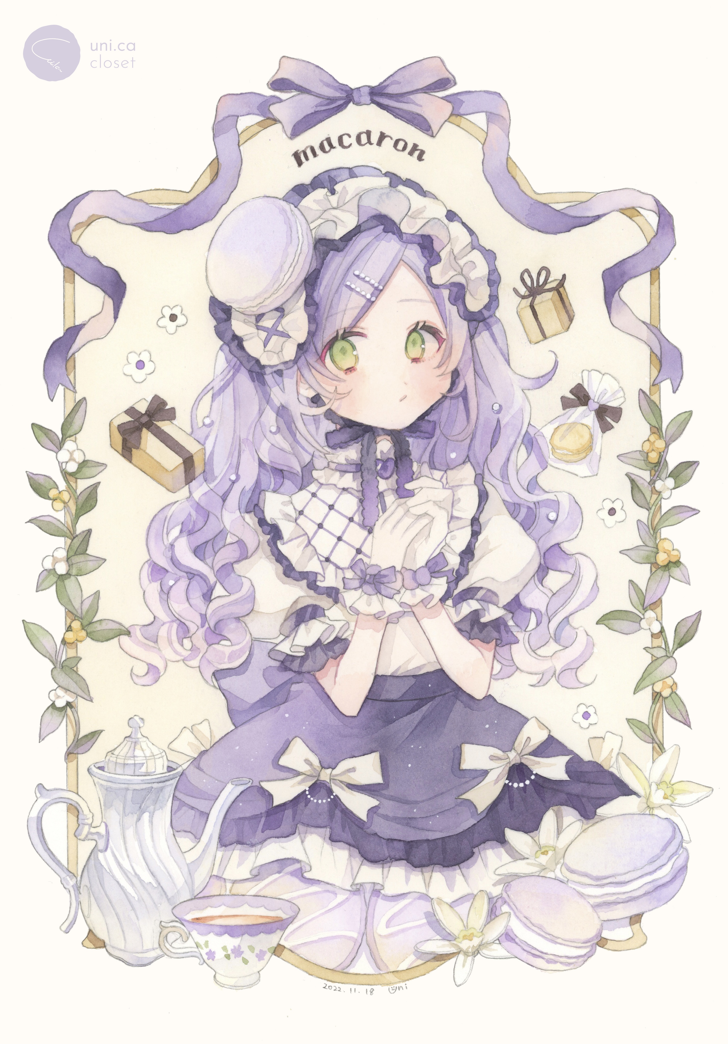 uni (setsuna gumi39), original, absurdres, commentary, highres, painting (medium), traditional media, watercolor (medium), 1girl, bag, black bow, black ribbon, bow, box, brooch, chin strap, closed mouth, collared shirt, cup, dated, flower, food, frilled hairband, frilled shirt collar, frills, gift, gift box, gloves, green eyes, hair ornament, hairband, hairclip, hands up, hat, heart, heart brooch, high-waist skirt, jewelry, lolita fashion, lolita hairband, long hair, looking to the side, macaron, macaron hat, mini hat, own hands together, parallel hairclips, parted bangs, petticoat, plastic bag, puffy short sleeves, puffy sleeves, purple bow, purple hair, purple ribbon, purple skirt, ribbon, shirt, short sleeves, signature, skirt, solo, tea, teacup, teapot, wavy hair, white bow, white gloves, white hairband, white shirt