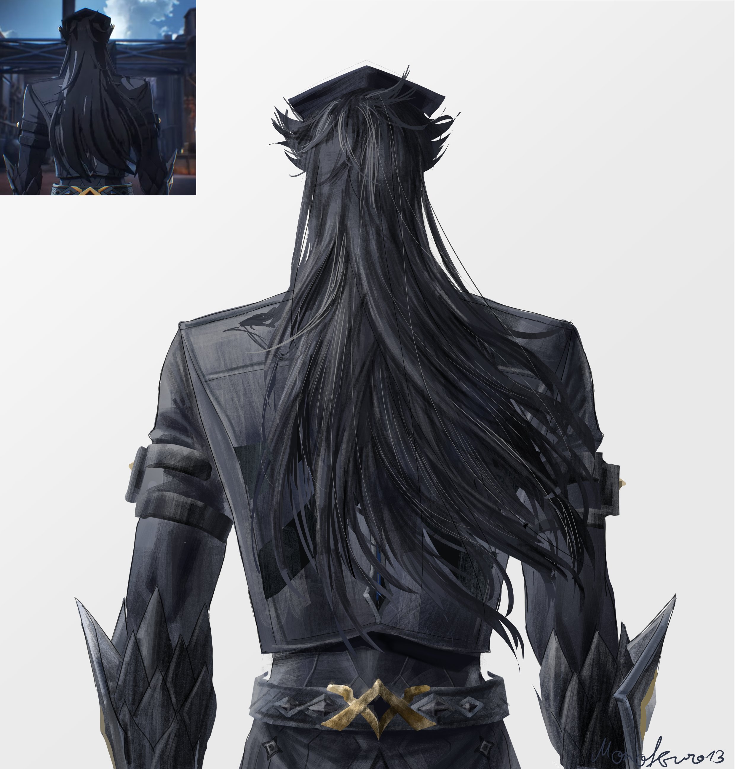 monokuro 13, capitano (genshin impact), genshin impact, absurdres, commentary, english commentary, highres, 1boy, arm belt, armor, belt, black armor, black belt, black hair, black jacket, cowboy shot, from behind, grey background, helmet, jacket, long hair, long sleeves, male focus, reference inset, signature, solo, standing