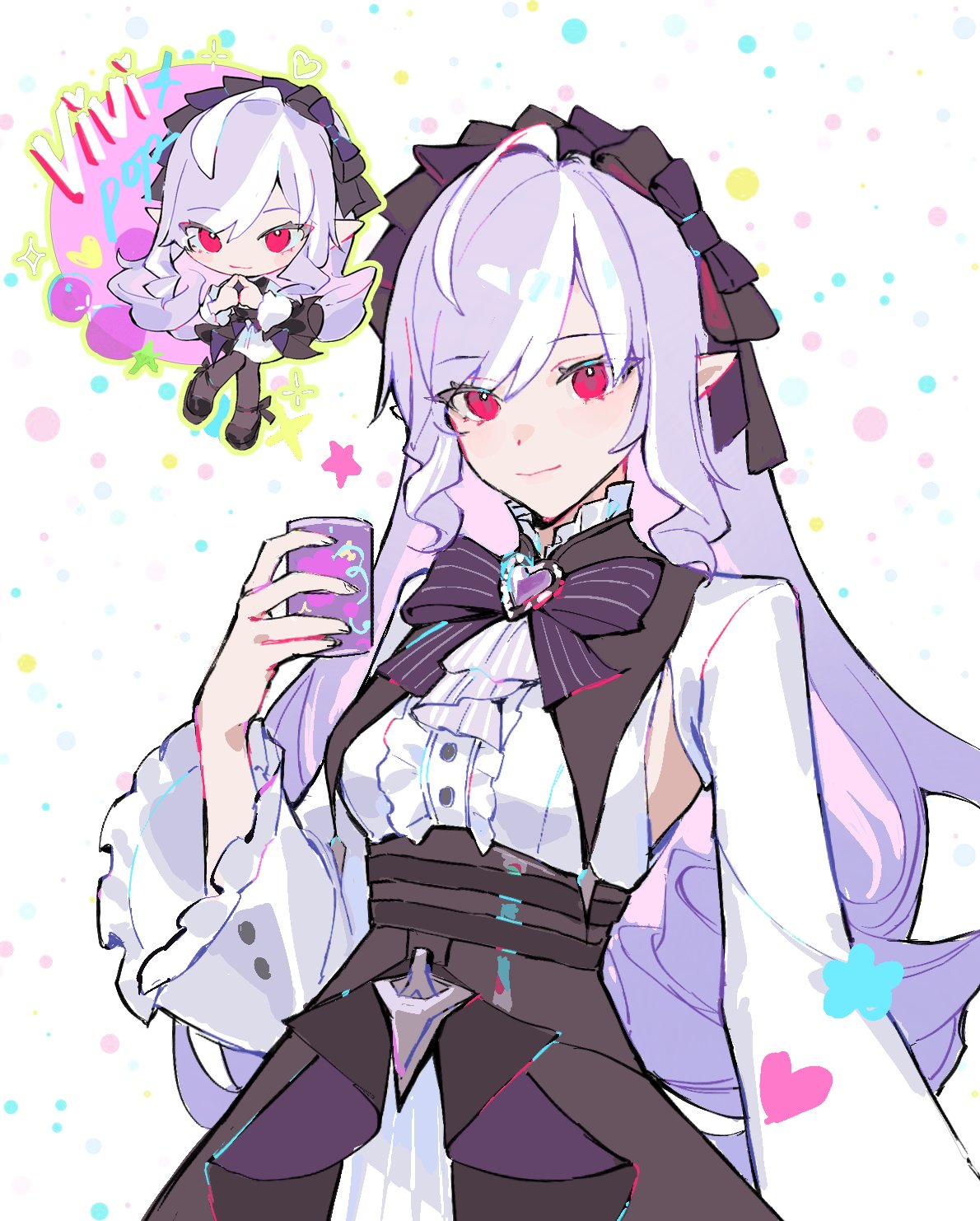 duetrofl, vivian banshee, zenless zone zero, commentary, english commentary, highres, 1girl, ascot, bow, bowtie, breast curtains, can, center frills, chibi, closed mouth, drill hair, frills, gem, hairband, heart, holding, holding can, long hair, looking at viewer, mole, mole under eye, pointy ears, polka dot, polka dot background, purple ascot, purple bow, purple bowtie, purple gemstone, purple hair, purple hairband, red eyes, shrug (clothing), sideboob cutout, solo, star (symbol), white background, white shrug