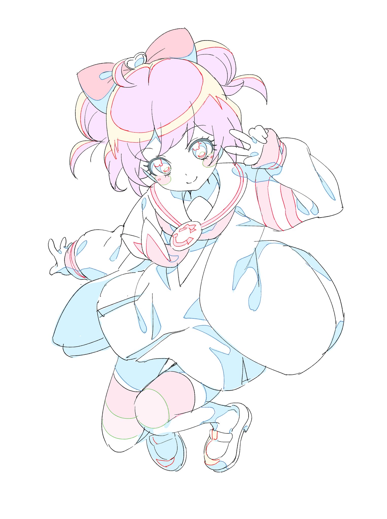 jisil38, manaka laala, manaka laala (normal), pretty series, pripara, highres, 1girl, ahoge, bow, cardigan, closed mouth, color trace, double bun, dress, full body, hair bow, hair bun, long sleeves, looking at viewer, neckerchief, paprika private academy school uniform, purple hair, sailor collar, school uniform, shoes, short dress, short hair, simple background, smile, solo, thighhighs, w, w over eye, white background