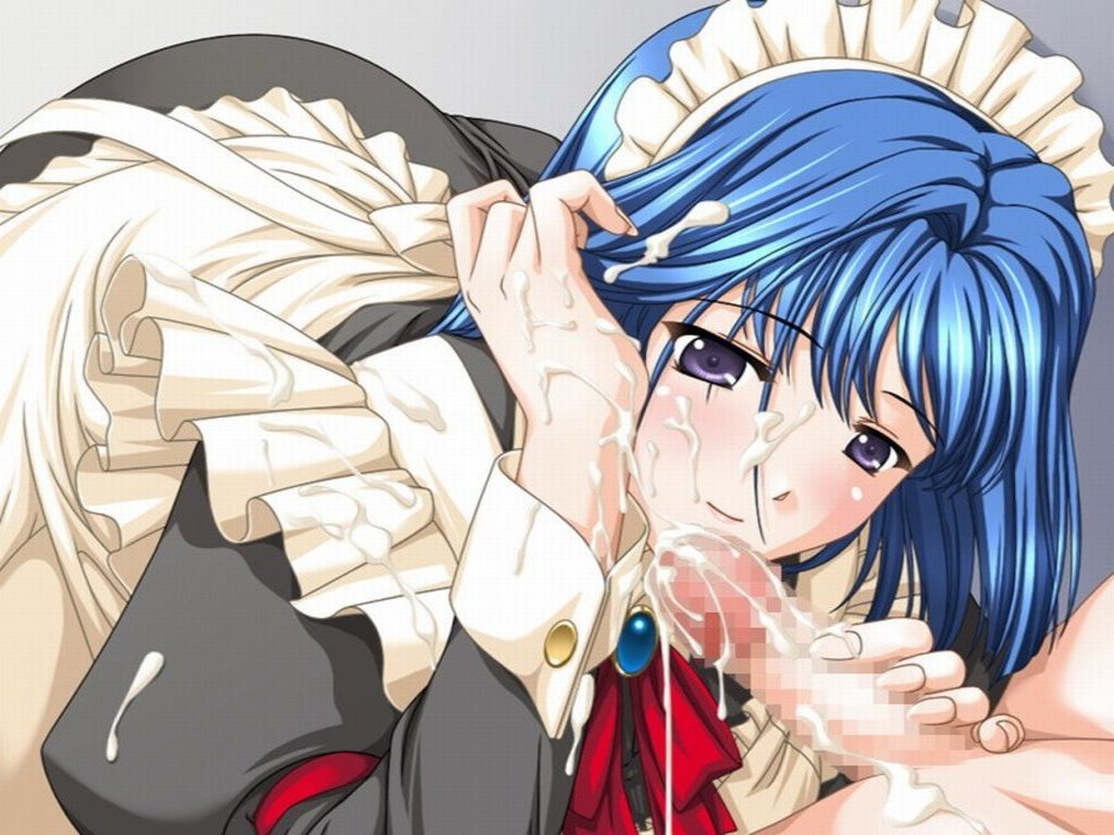 tagme, 1boy, 1girl, apron, blue hair, censored, cum, cum on body, cum on clothes, facial, handjob, hetero, long hair, maid, maid apron, maid headdress, penis, purple eyes