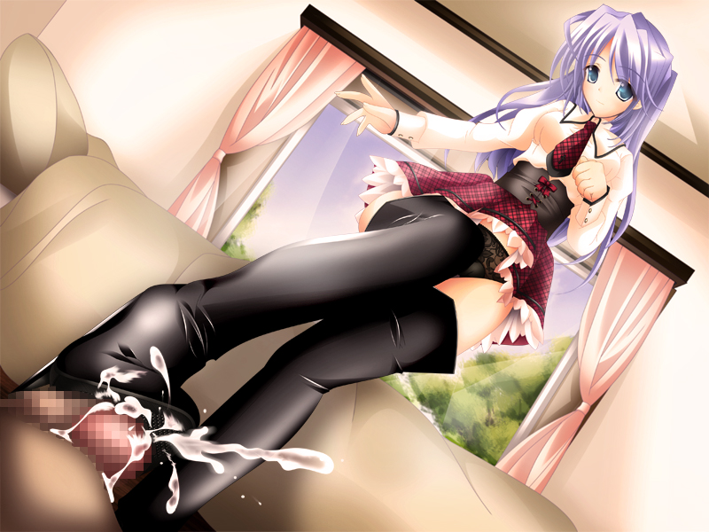 light purple hair, plaid, game cg, 1boy, 1girl, black panties, blue eyes, bootjob, boots, censored, cum, hetero, high heel boots, high heels, mosaic censoring, panties, penis, shoejob, shoes, skirt, stiletto boots, stiletto heels, thigh boots, thighhighs, underwear