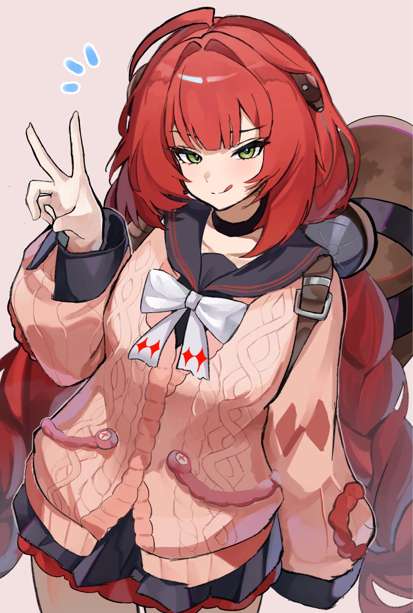 kamanosuke (zenless zone zero), ukinami yuzuha, zenless zone zero, braided twintails, commentary request, highres, 1girl, 1other, animal, animal on back, backpack, bag, black sailor collar, braid, cardigan, chest bow, collarbone, green eyes, hair ornament, hearing aid, long hair, looking at viewer, notice lines, otoufudayo111, pink background, pink cardigan, raccoon, red hair, sailor collar, sphere hair ornament, standing, tanuki, tongue, tongue out, twintails, v