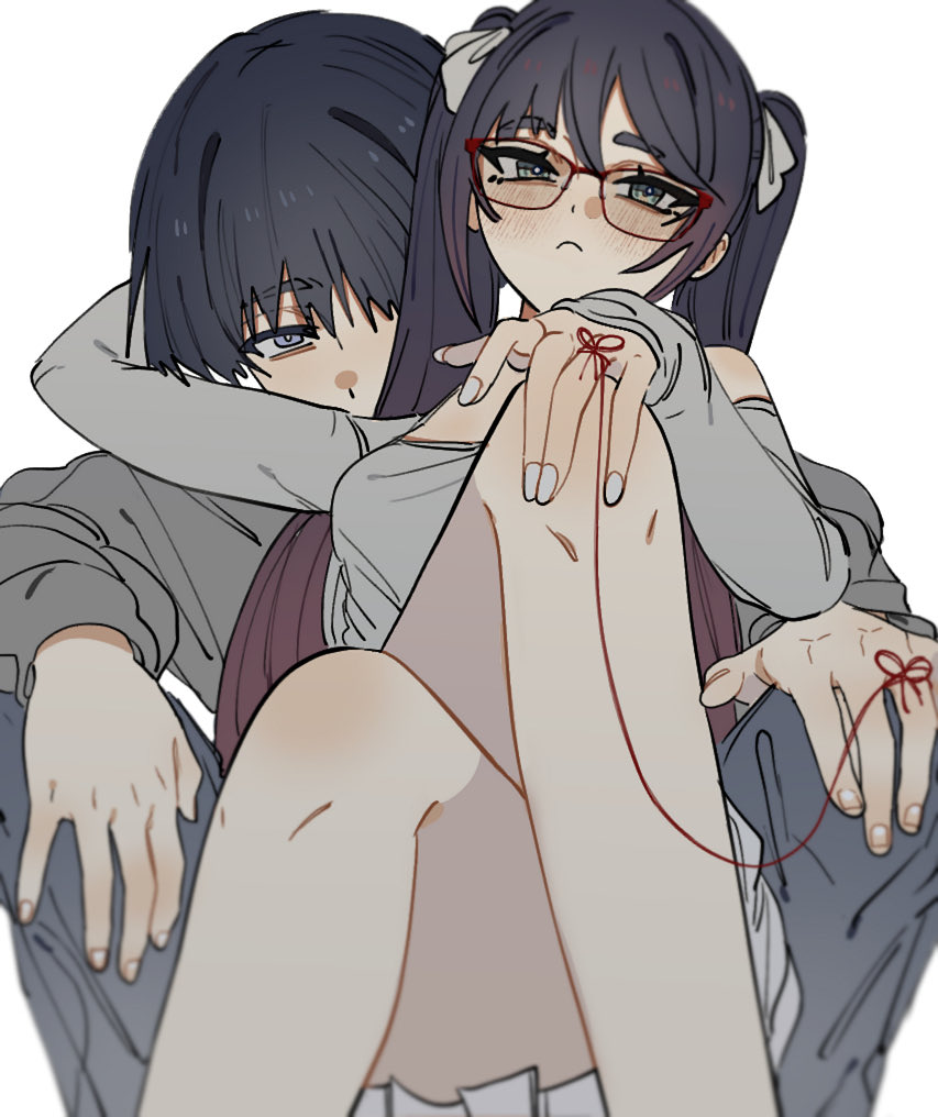 ysnden, mona (genshin impact), scaramouche (genshin impact), genshin impact, 1boy, 1girl, alternate costume, aqua eyes, arm behind head, asymmetrical bangs, behind another, bespectacled, black hair, blunt bangs, blush, bow, breasts, bright pupils, casual, closed mouth, contemporary, couple, crossed legs, eyelashes, fingerless gloves, fingernails, from below, glasses, gloves, gradient hair, grey eyes, grey pants, grey shirt, grey sleeves, hair between eyes, hair bow, hands on own knees, hetero, leg focus, long hair, long sleeves, looking at viewer, multicolored hair, open hands, pants, pink hair, pleated skirt, red-framed eyewear, shirt, short eyebrows, sidelocks, sitting between lap, skirt, sleeves past wrists, small breasts, staring, string, string of fate, tsurime, twintails, white bow, white nails, white pupils, white skirt, wispy bangs