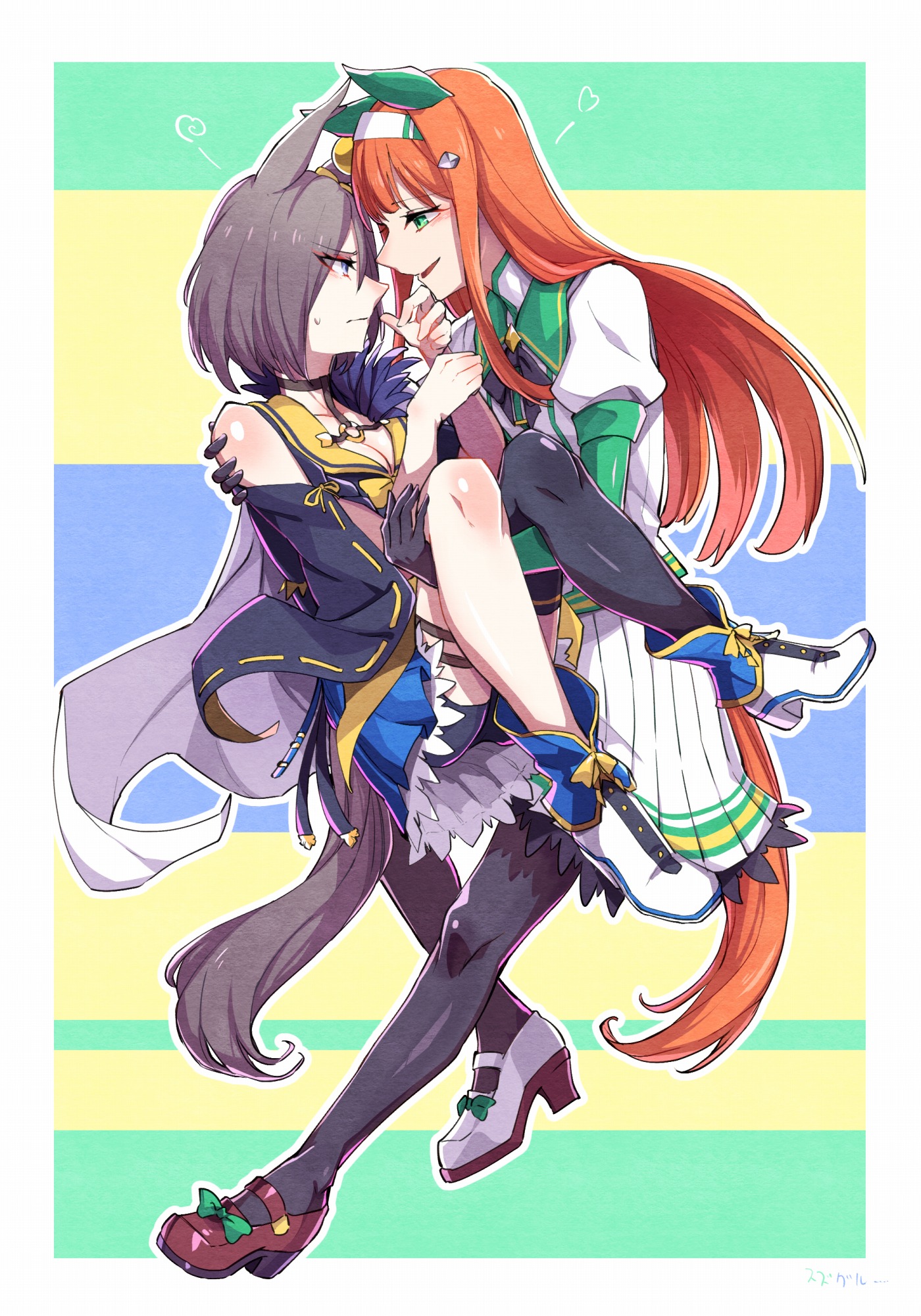 takatsuki nato, air groove (empress road) (umamusume), air groove (umamusume), silence suzuka (innocent silence) (umamusume), silence suzuka (umamusume), umamusume, highres, 2girls, animal ears, asymmetrical legwear, black gloves, black hair, black pantyhose, blue eyes, blunt bangs, breasts, carrying, cleavage, ear covers, face-to-face, full body, gloves, green eyes, hairband, horse ears, horse girl, horse tail, long hair, long sleeves, multiple girls, orange hair, pantyhose, pleated skirt, princess carry, profile, sailor collar, short hair, skirt, smile, tail, white hairband, white skirt, yellow sailor collar