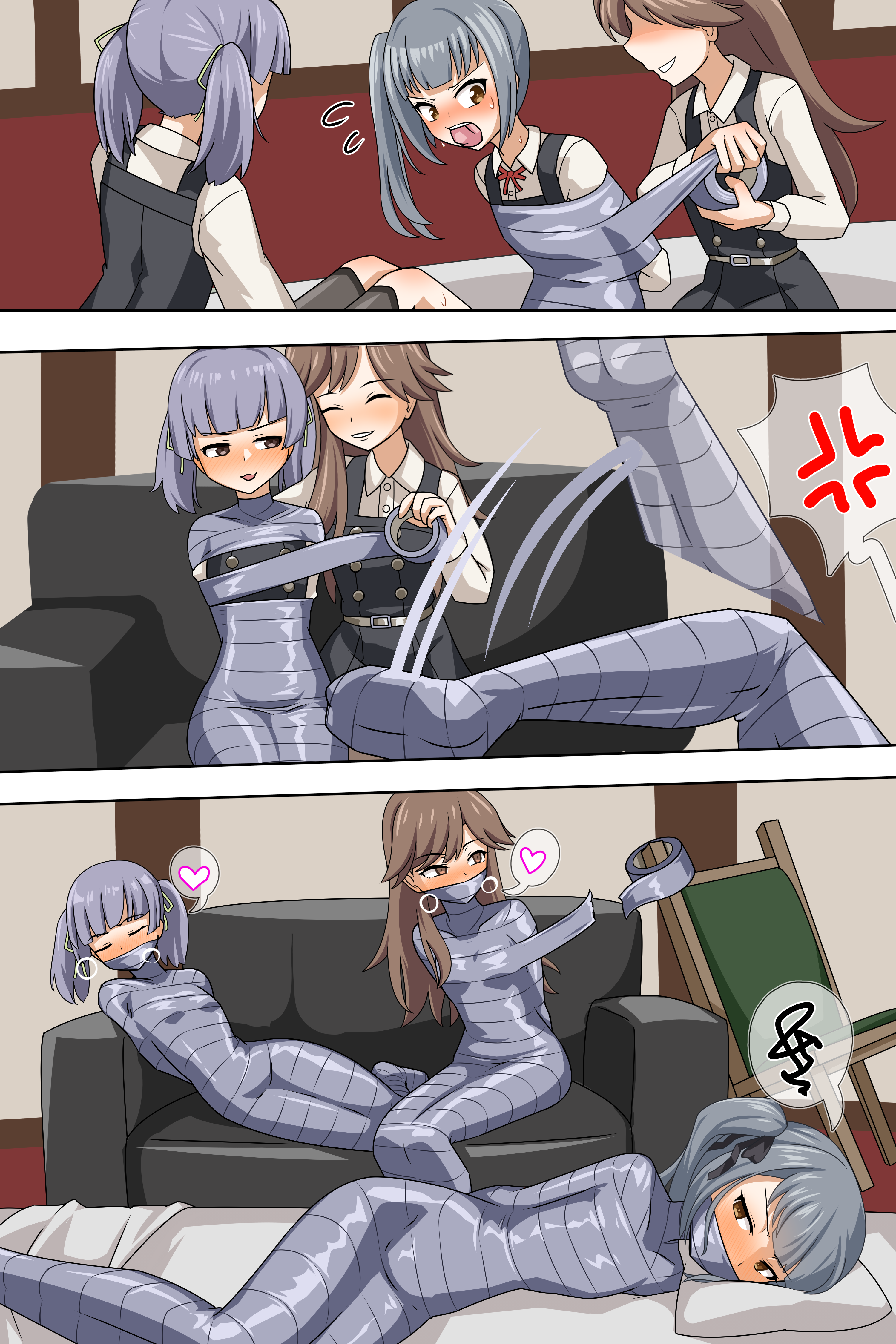 thalter39o, arashio (kancolle), kasumi (kancolle), ooshio (kancolle), kantai collection, absurdres, highres, 3girls, anger vein, bed, bound, breasts, brown eyes, brown hair, chair, couch, duct tape, flat chest, gag, grey hair, grin, heart, improvised gag, multiple girls, mummification (bound), on bed, on couch, pillow, self bondage, side ponytail, small breasts, smile, spoken anger vein, spoken heart, spoken squiggle, squiggle, struggling, tape, tape bondage, tape gag, twintails