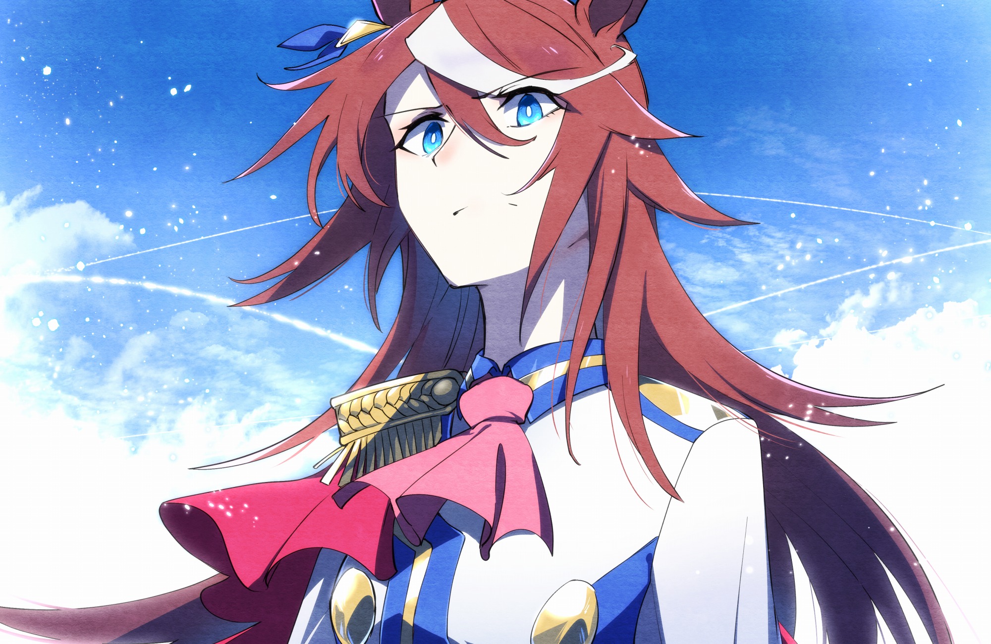 takatsuki nato, tokai teio (peak joy) (umamusume), tokai teio (umamusume), umamusume, highres, 1girl, aged up, animal ears, ascot, blue eyes, brown hair, epaulettes, frown, hair down, horse ears, horse girl, long hair, long sleeves, multicolored hair, pink ascot, single epaulette, solo, streaked hair, two-tone hair, white hair