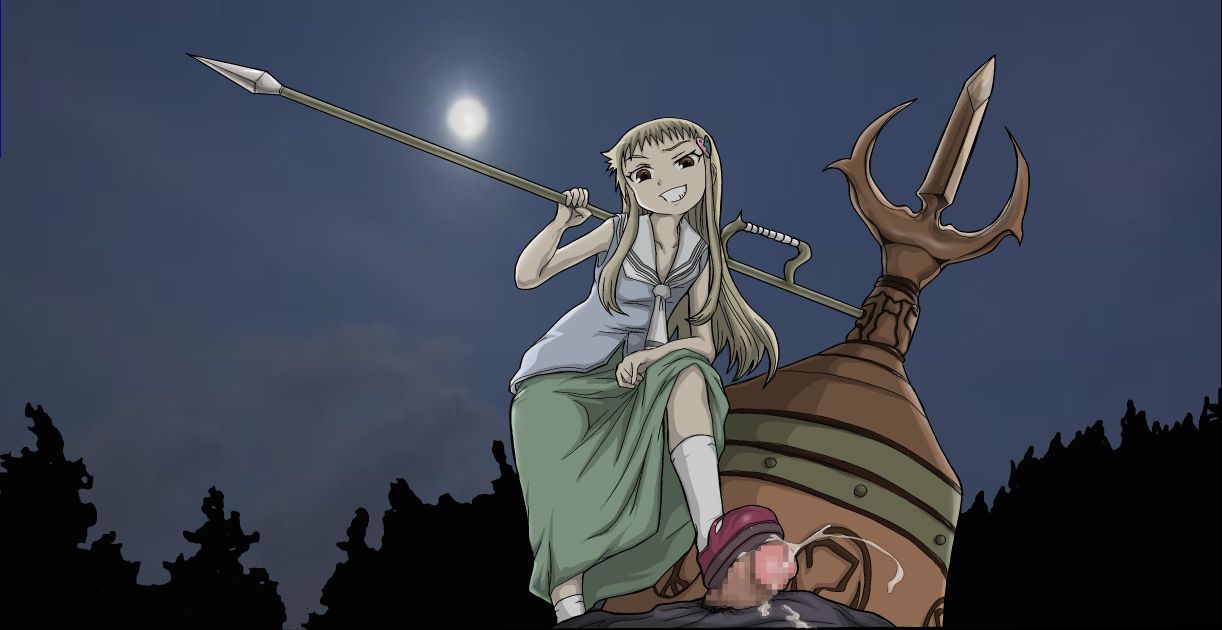 1boy, 1girl, blonde hair, brown eyes, censored, cloud, cum, dress, long hair, outdoors, penis, plant, shoejob, shoes, sky, standing, trample, tree