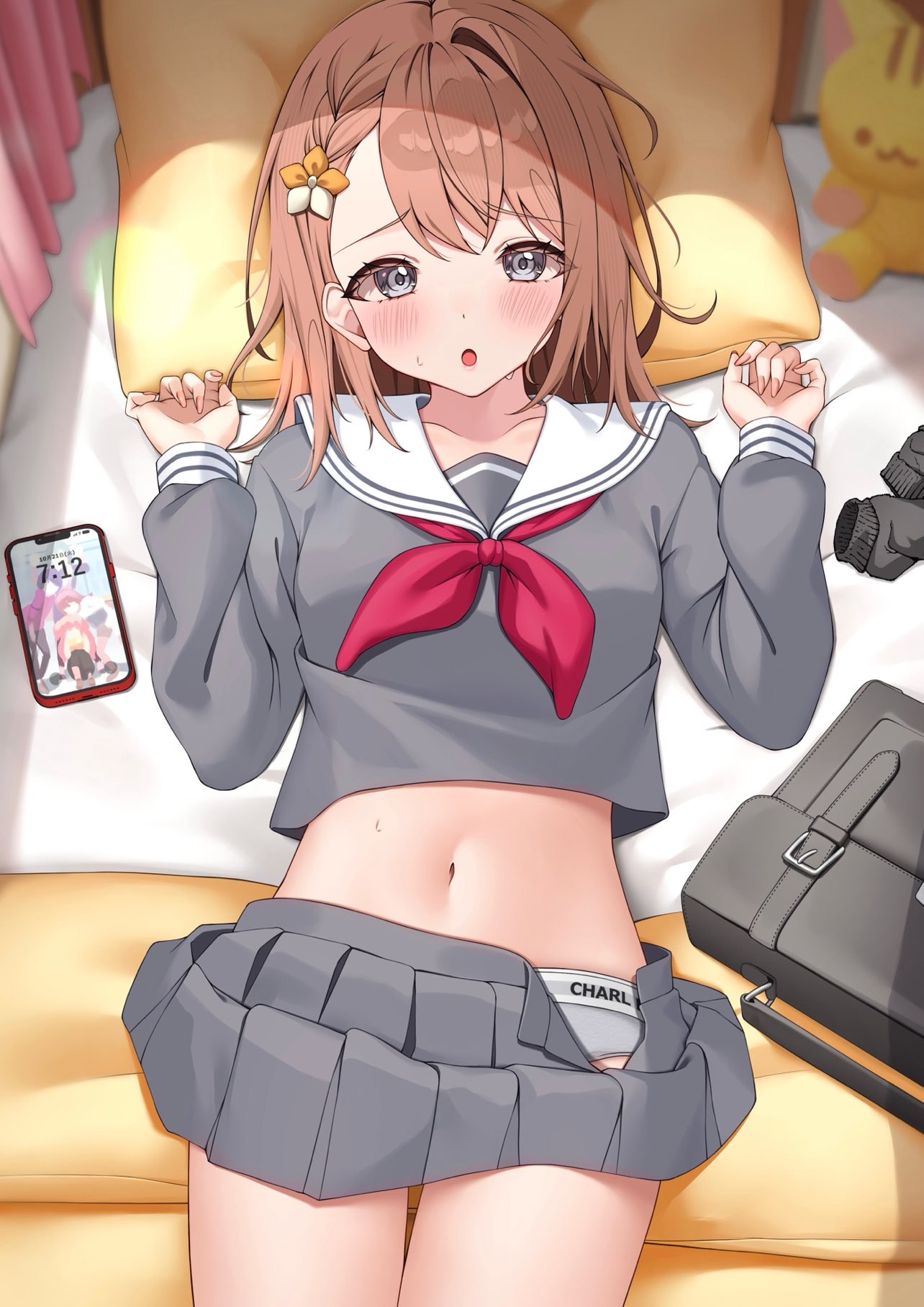 charl2837, hanasato minori, project sekai, commentary request, highres, variant set, 1girl, :o, artist name, bag, bed, bed sheet, black socks, blush, braid, breasts, brown hair, cellphone, clothes lift, clothes writing, collarbone, cowboy shot, crop top, curtains, fingernails, flower, grey eyes, grey panties, grey serafuku, grey shirt, grey skirt, hair behind ear, hair flower, hair ornament, hands up, indoors, long fingernails, long sleeves, looking at viewer, lying, medium hair, midriff, miniskirt, miyamasuzaka girls' academy school uniform, navel, neckerchief, on back, on bed, open clothes, open mouth, open skirt, panties, parted lips, phone, pillow, pleated skirt, red neckerchief, sailor collar, school bag, school uniform, serafuku, shirt, side braid, single sidelock, skirt, skirt lift, sleeve cuffs, small breasts, smartphone, socks, solo, stuffed animal, stuffed toy, sweat, underwear, underwear writing, unworn socks, white sailor collar