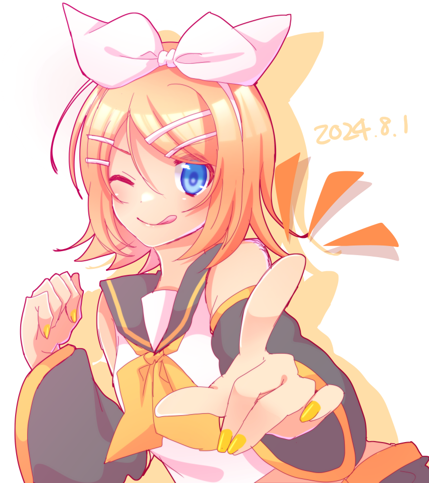 kagamine rin, vocaloid, commentary request, 1girl, blonde hair, blue eyes, bow hairband, crop top, detached sleeves, drop shadow, hair ornament, hairband, hairclip, inase0603, long sleeves, looking at viewer, medium hair, midriff, nail polish, neckerchief, one eye closed, pointing, pointing at viewer, sailor collar, shirt, sleeveless, sleeveless shirt, smile, solo, tongue, tongue out