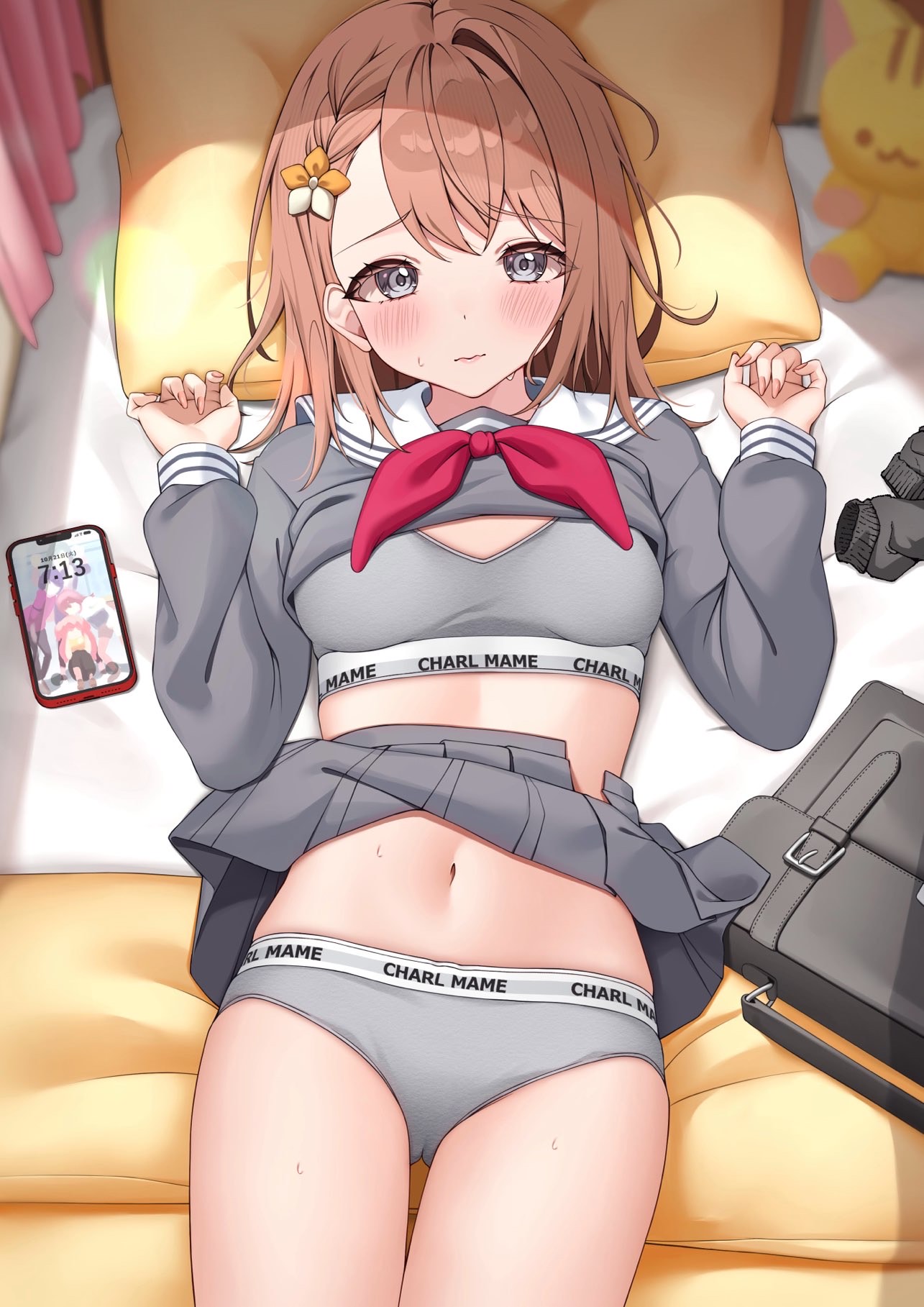 charl2837, hanasato minori, project sekai, commentary request, highres, variant set, 1girl, artist name, bag, bed, bed sheet, black socks, blush, braid, breasts, brown hair, cellphone, closed mouth, clothes lift, clothes writing, collarbone, cowboy shot, curtains, fingernails, flower, grey eyes, grey panties, grey serafuku, grey shirt, grey skirt, grey sports bra, hair behind ear, hair flower, hair ornament, hands up, indoors, long fingernails, long sleeves, looking at viewer, lying, medium breasts, medium hair, midriff, miyamasuzaka girls' academy school uniform, navel, neckerchief, on back, on bed, open clothes, open mouth, open skirt, panties, phone, pillow, pleated skirt, red neckerchief, sailor collar, school bag, school uniform, serafuku, shirt, shirt lift, side braid, single sidelock, skirt, skirt lift, sleeve cuffs, small breasts, smartphone, socks, solo, sports bra, stuffed animal, stuffed toy, sweat, underwear, underwear writing, unworn socks, white sailor collar
