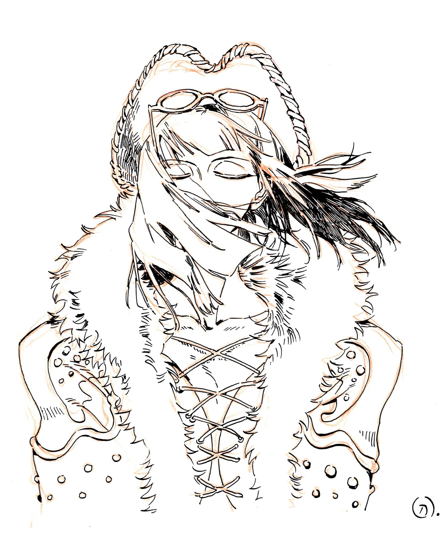 siyangou49, nico robin, one piece, hashtag-only commentary, highres, 1girl, blunt bangs, closed eyes, coat, covered mouth, cowboy hat, cross-laced clothes, cross-laced top, eyewear on head, floating hair, hat, lineart, medium hair, simple background, solo, upper body