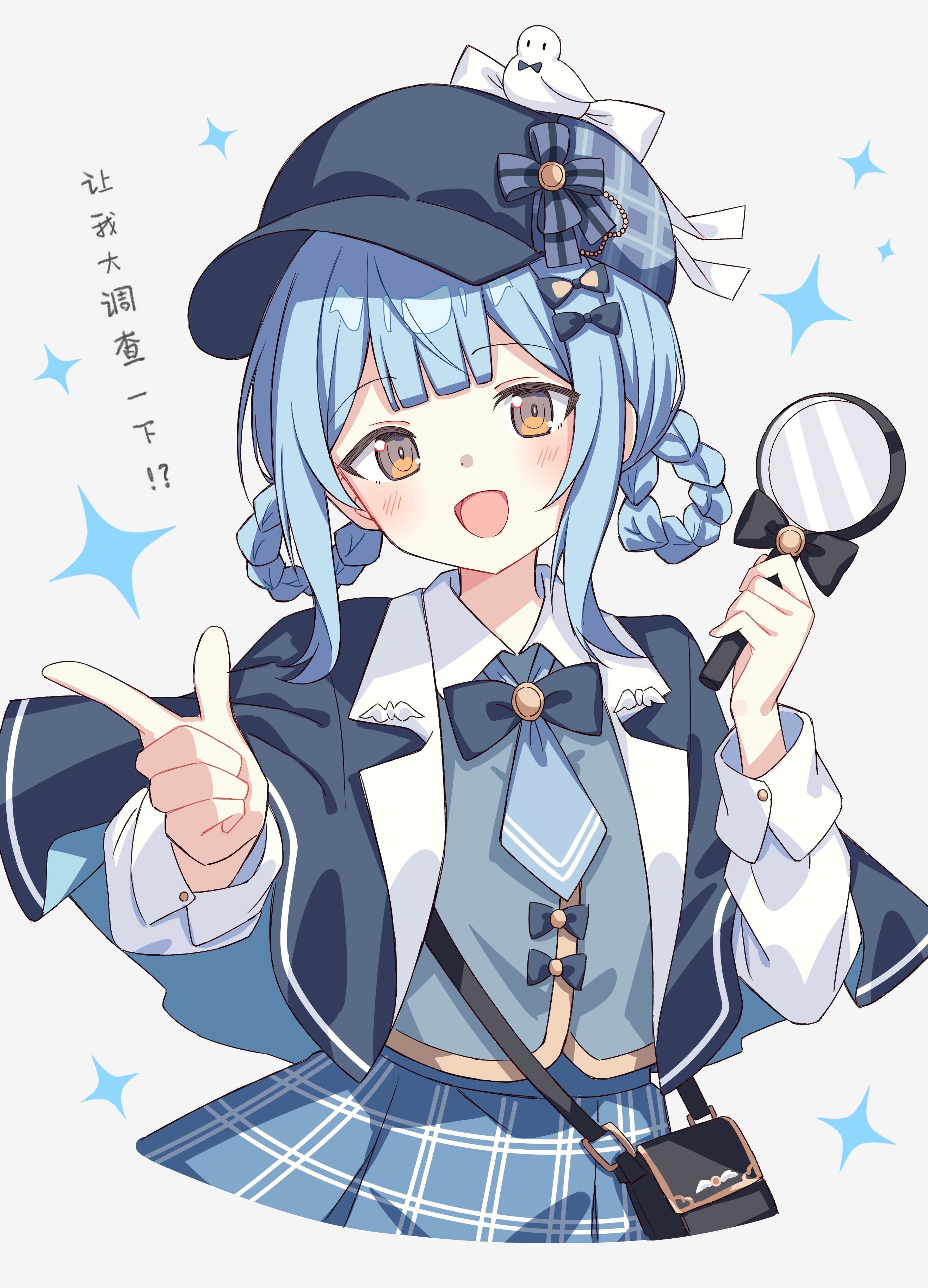 setteiset, tachibana sherry, mahou shoujo no majo saiban, absurdres, highres, translation request, 1girl, :d, animal, animal on head, bag, bird, bird on head, black bow, black bowtie, black capelet, black hat, blue ribbon, blue skirt, blue vest, blunt bangs, blush, bow, bowtie, braid, braided hair rings, bright pupils, brown eyes, capelet, chinese text, cowboy shot, cropped legs, deerstalker, detective, hair ornament, hair ribbon, hair rings, handbag, hands up, hat, holding, holding magnifying glass, index finger raised, long sleeves, looking at viewer, magnifying glass, on head, open mouth, plaid clothes, plaid skirt, pointing, pointing at viewer, ribbon, shirt, sidelocks, simple background, skirt, smile, solo, sparkle, vest, white background, white pupils, white shirt