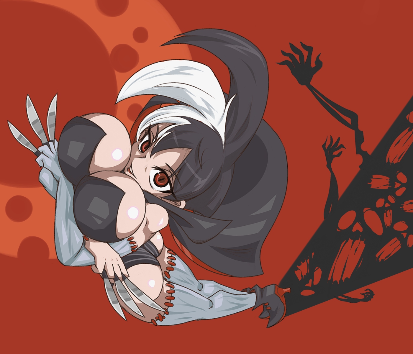 yashiroku, necro samantha, atlus, princess crown, highres, 1girl, ass, boots, breasts, brown eyes, cape, cleavage, female focus, full body, huge breasts, knife, large breasts, multicolored hair, red background, scar, shadow, solo, spiked hair, stitches, thighhighs, two-tone hair