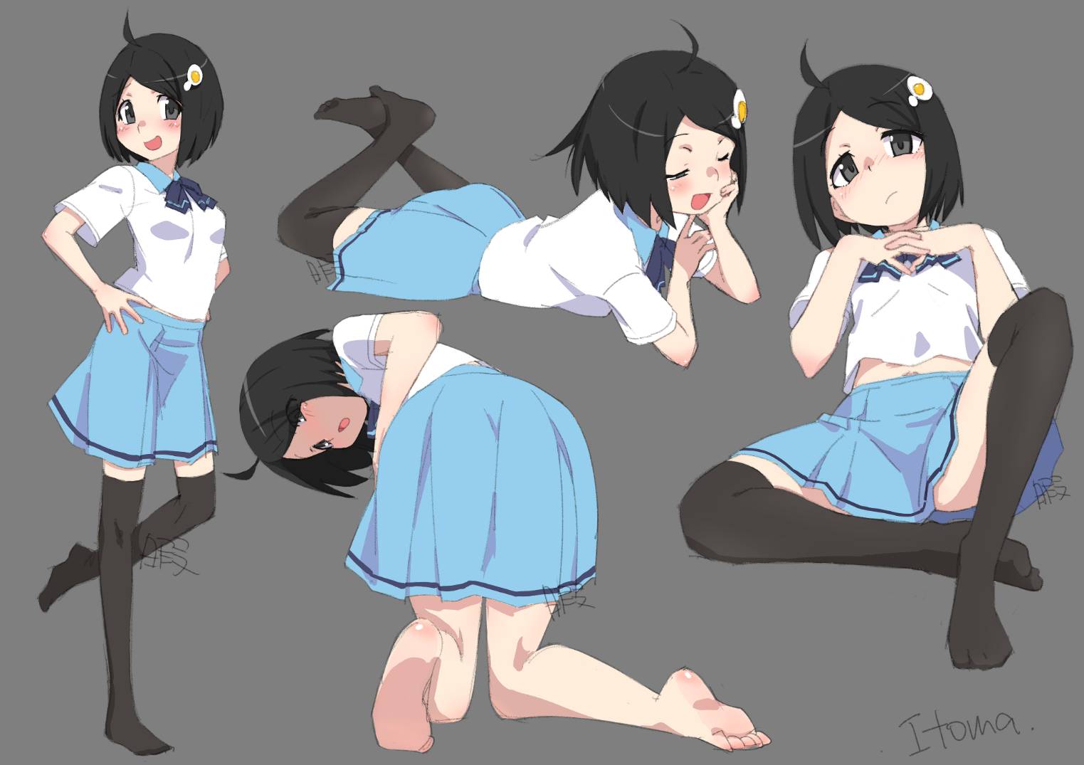 itoma mahimahi, araragi tsukihi, monogatari (series), 1girl, :/, :d, ahoge, barefoot, bent over, black eyes, black hair, black thighhighs, blush, crossed ankles, egg (food), egg hair ornament, food, food-themed hair ornament, fried egg, full body, hair ornament, hand on own cheek, hand on own face, hands on own hips, leaning back, lying, medium hair, multiple views, open mouth, school uniform, sitting, smile, standing, thighhighs, tsuganoki second junior high school uniform