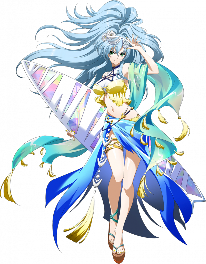 helena (langrisser), langrisser, langrisser mobile, game cg, official art, third-party source, 1girl, adjusting eyewear, ankle strap, bare shoulders, big hair, bikini, blue hair, blue sarong, breasts, closed mouth, eyewear on head, flower, frilled bikini, frills, full body, gold thighlet, green eyes, green sash, hair between eyes, hair flower, hair ornament, hand on eyewear, holding, holding surfboard, jewelry, large breasts, long hair, long sidelocks, looking at viewer, navel, official alternate costume, platform sandals, ponytail, sandals, sarong, sash, shutter shades, sidelocks, simple background, smile, solo, standing, stomach, sunflower, sunflower hair ornament, sunglasses, surfboard, swimsuit, tachi-e, tassel, thighlet, toes, transparent background, very long hair, yellow bikini
