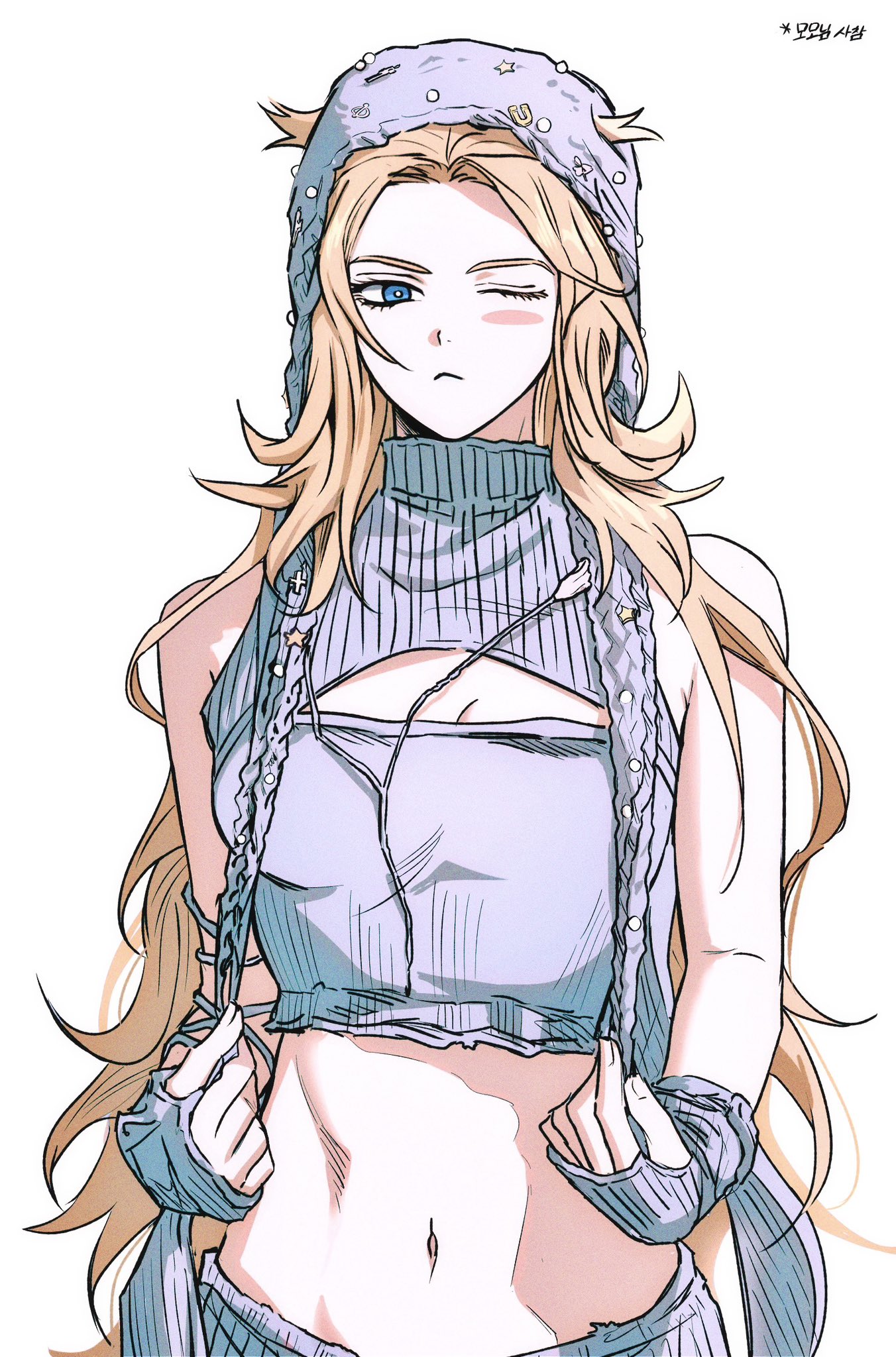 bestcondition14, johnny joestar, jojo no kimyou na bouken, steel ball run, commentary request, highres, korean commentary, 1girl, :<, blonde hair, blue eyes, blush stickers, breasts, cleavage, cleavage cutout, clothing cutout, cropped sweater, fingerless gloves, genderswap, genderswap (mtf), gloves, hair through headwear, hat, long hair, midriff, navel, one eye closed, single blush sticker, sleeveless, sleeveless sweater, sleeveless turtleneck, solo, sweater, turtleneck, very long hair