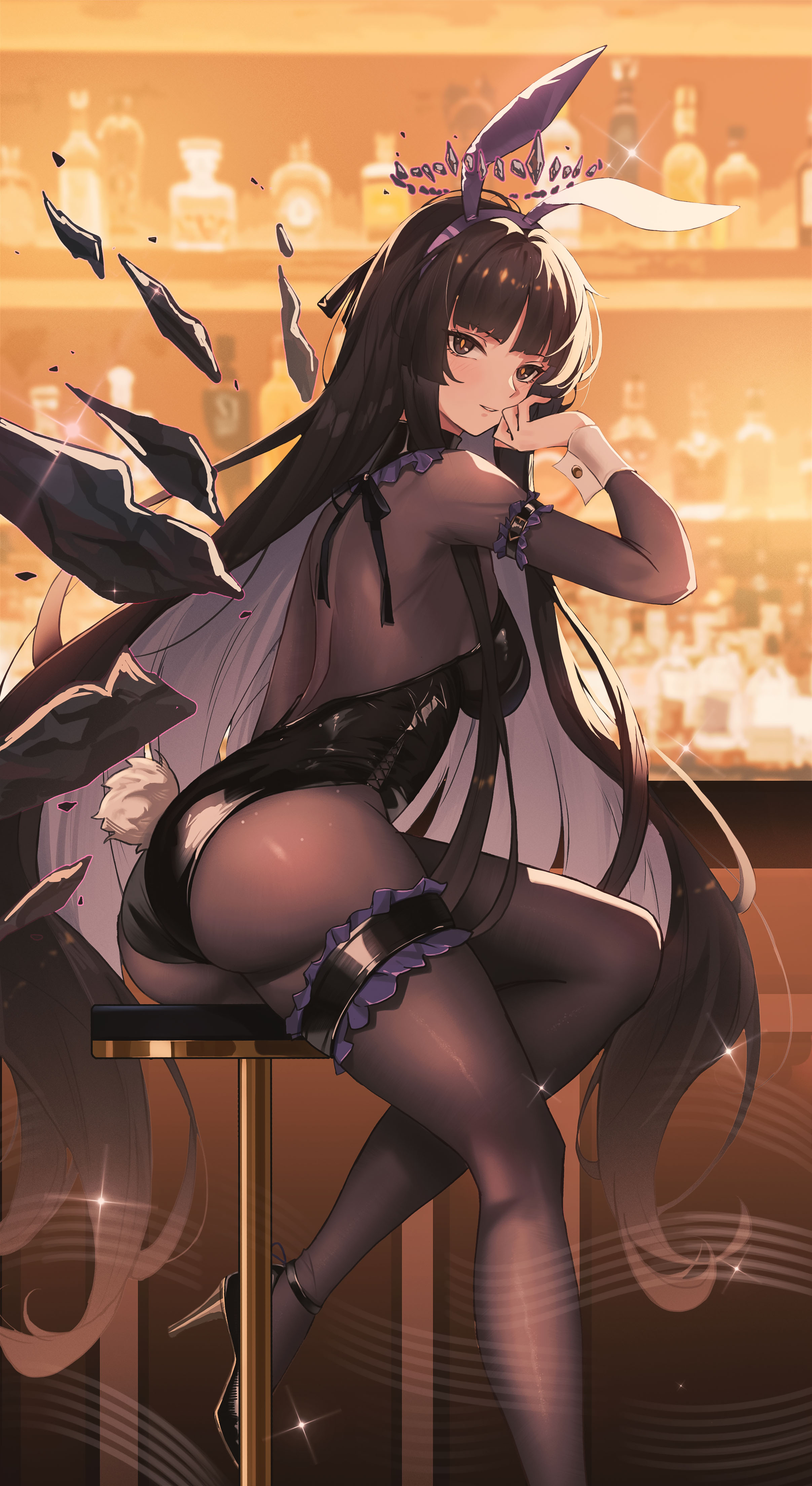 manche5ter, virtuosa (arknights), arknights, absurdres, highres, 1girl, alcohol, alternate costume, animal ears, ass, bar (place), black eyes, black hair, black halo, black leotard, black pantyhose, black wings, breasts, detached wings, frilled thigh strap, halo, high heels, leotard, long hair, medium breasts, pantyhose, playboy bunny, rabbit ears, sitting, solo, thigh strap, very long hair, wings