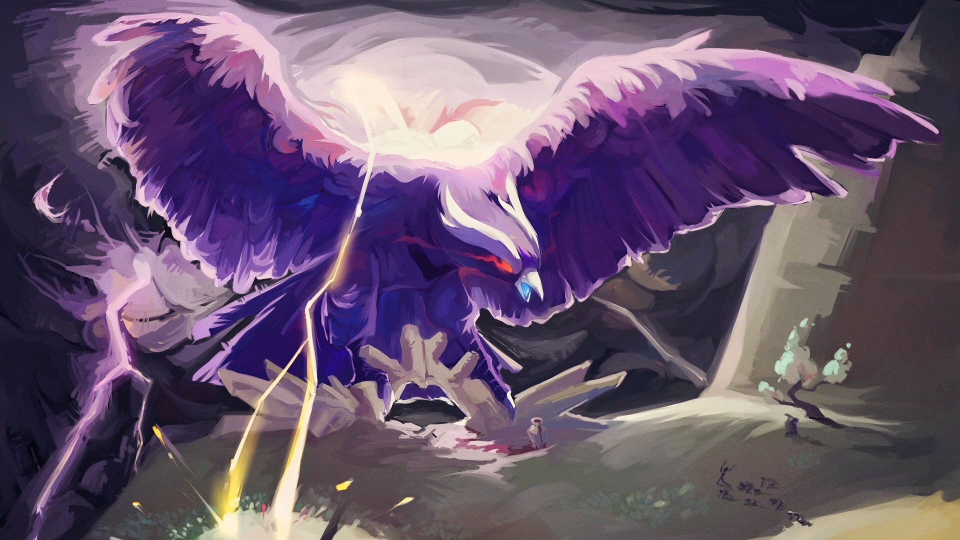 genshin impact, chinese commentary, highres, angry, arms up, beak, bird, bird girl, electricity, feathered wings, flaming eye, floating, from side, glowing, glowing eyes, kanna kapatcir, lightning, monster girl, multiple others, outdoors, purple bird, red eyes, shade, sky, standing, storm, tree, wings, xinjinjumin1123523