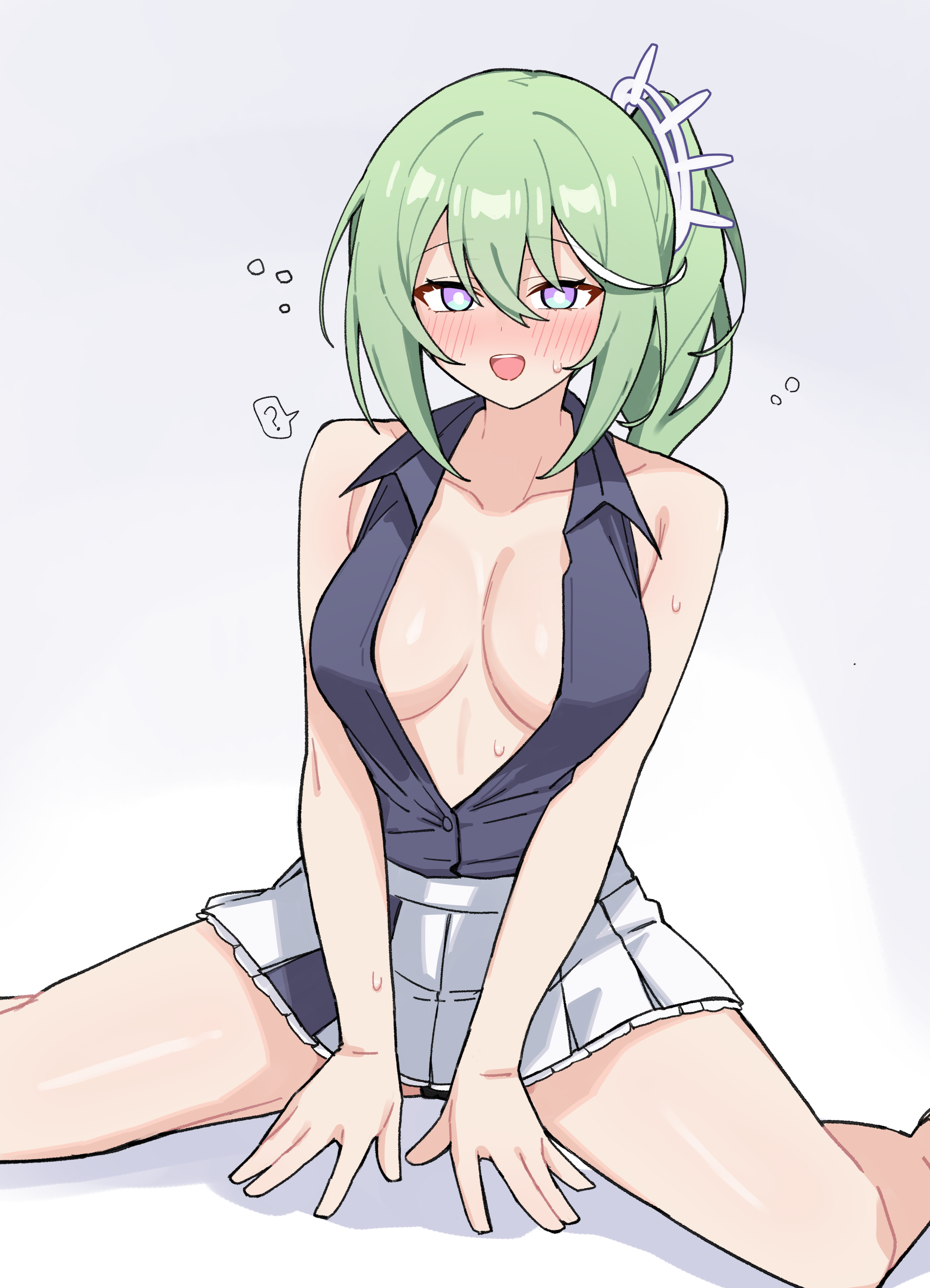 yuzuha riko, stellive, absurdres, commentary request, highres, korean commentary, 1girl, ?, between legs, black panties, blush, breasts, bright pupils, collarbone, collared shirt, green hair, grey background, grey shirt, hair between eyes, hand between legs, large breasts, long bangs, looking at viewer, maksagwa, medium hair, microskirt, multicolored eyes, no bra, open mouth, panties, panty peek, partially unbuttoned, pleated skirt, shadow, shirt, shirt tucked in, side ponytail, sitting, skirt, smile, solo, speech bubble, spoken question mark, spread legs, straight-on, sweat, two-tone eyes, underwear, virtual youtuber, white pupils, white skirt, wing collar
