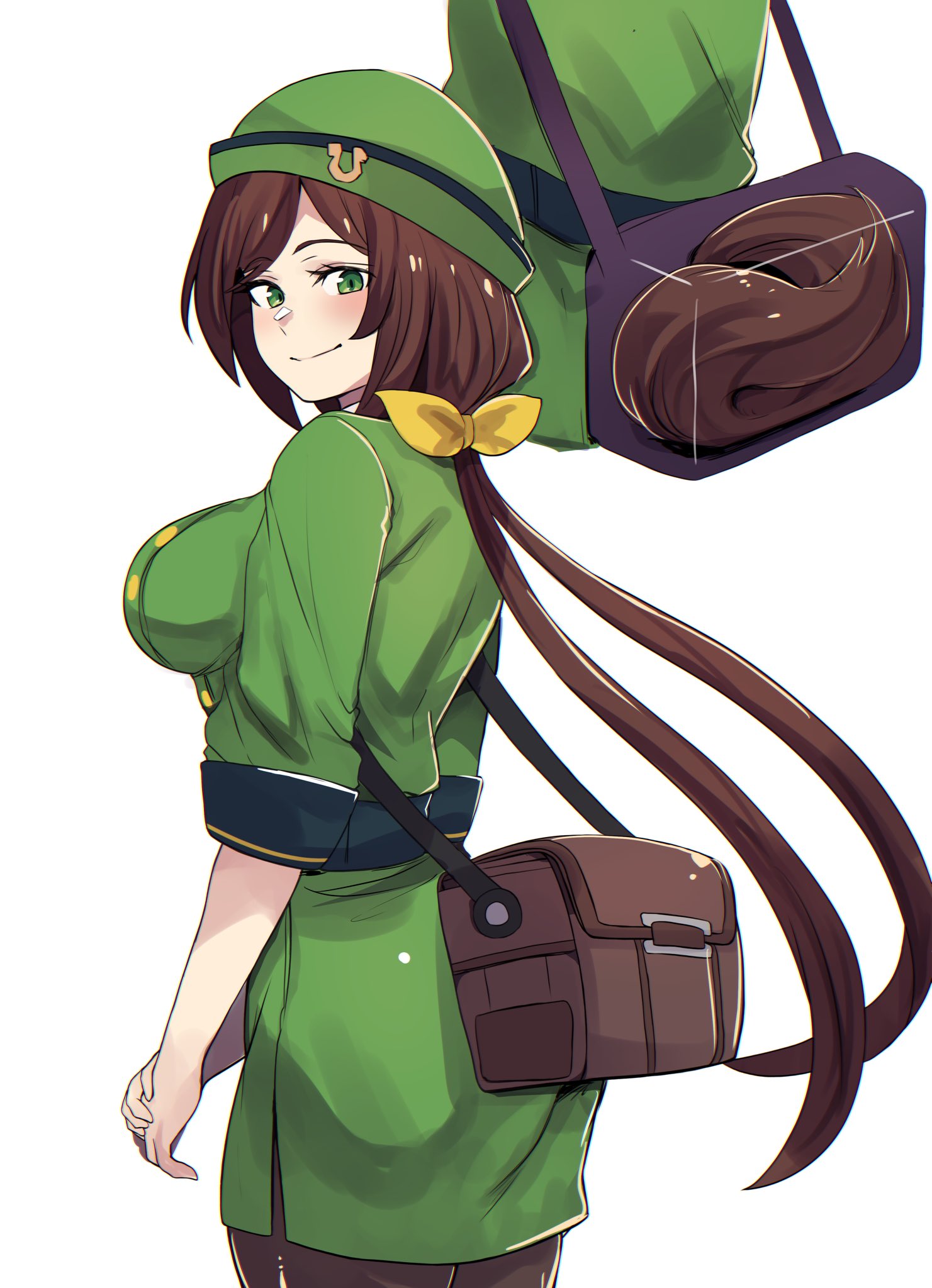 hinghoi, hayakawa tazuna, umamusume, commentary, highres, symbol-only commentary, 1girl, bag, bow, bowler hat, brown hair, formal clothes, from side, green hat, green jacket, hair bow, hat, horse girl, horse tail, jacket, long hair, looking at viewer, multiple views, shoulder bag, skirt, skirt suit, smile, solo, split ponytail, suit, tail, white background