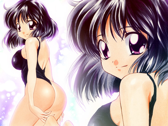 yadokari genpachirou, tomoe hotaru, bishoujo senshi sailor moon, marker (medium), traditional media, 1990s (style), 1girl, ass, black hair, black one-piece swimsuit, bob cut, breasts, female focus, highleg, highleg one-piece swimsuit, leotard, looking back, one-piece swimsuit, one-piece thong, panties, purple eyes, retro artstyle, short hair, sideboob, solo, swimsuit, thong, underwear, zoom layer
