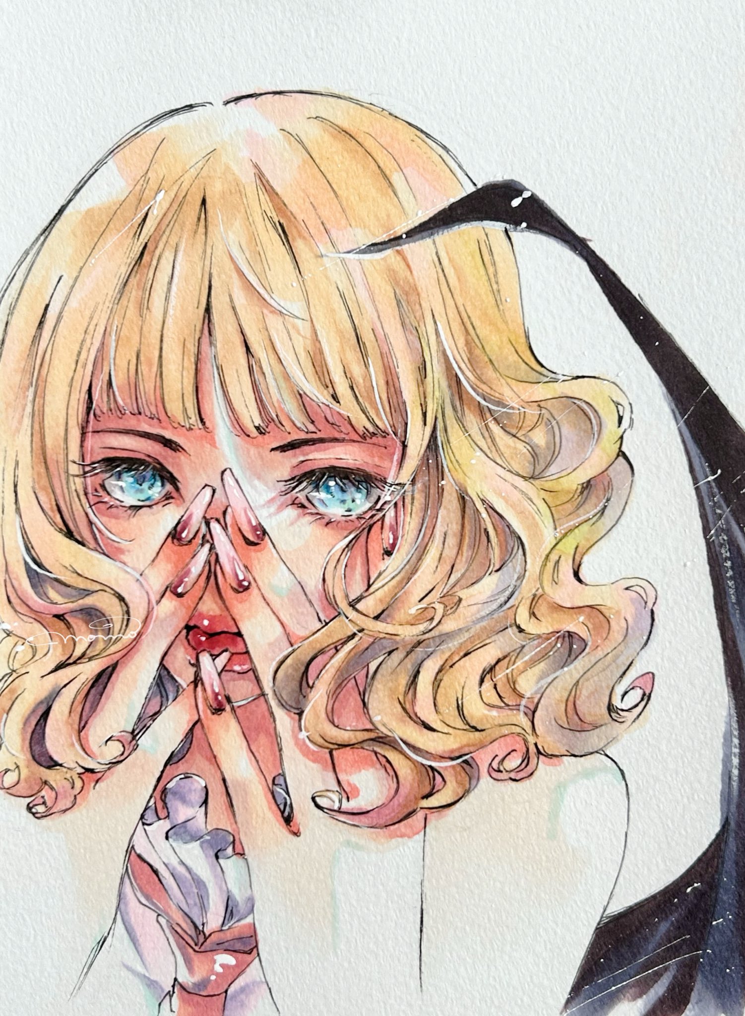 momopine op, stussy (one piece), one piece, commentary, highres, 1girl, black wings, blonde hair, blood, blood from mouth, blue eyes, blunt bangs, close-up, drill hair, eyelashes, fingernails, long fingernails, medium hair, necktie, pink necktie, solo, wings