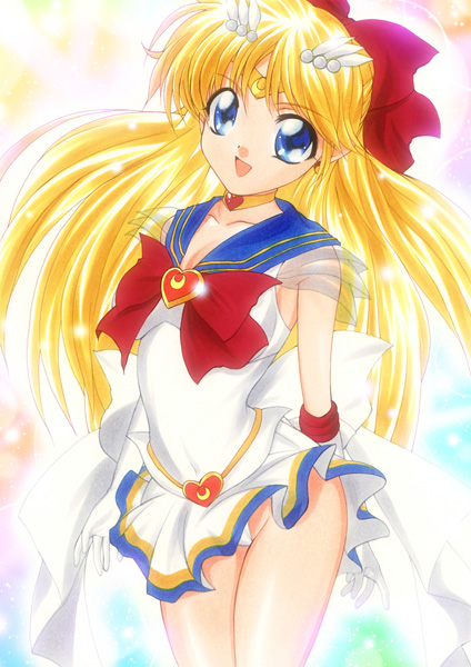 yadokari genpachirou, aino minako, sailor moon, super sailor moon, bishoujo senshi sailor moon, bishoujo senshi sailor moon s, bishoujo senshi sailor moon supers, marker (medium), traditional media, 1girl, blonde hair, blue eyes, blue sailor collar, bow, brooch, choker, cosplay, elbow gloves, female focus, gloves, hair bow, hair ornament, half updo, heart, heart brooch, jewelry, long hair, multicolored skirt, panties, pantyshot, red bow, sailor collar, sailor moon (cosplay), skirt, solo, super sailor moon (cosplay), tiara, tsukino usagi (cosplay), underwear, white gloves