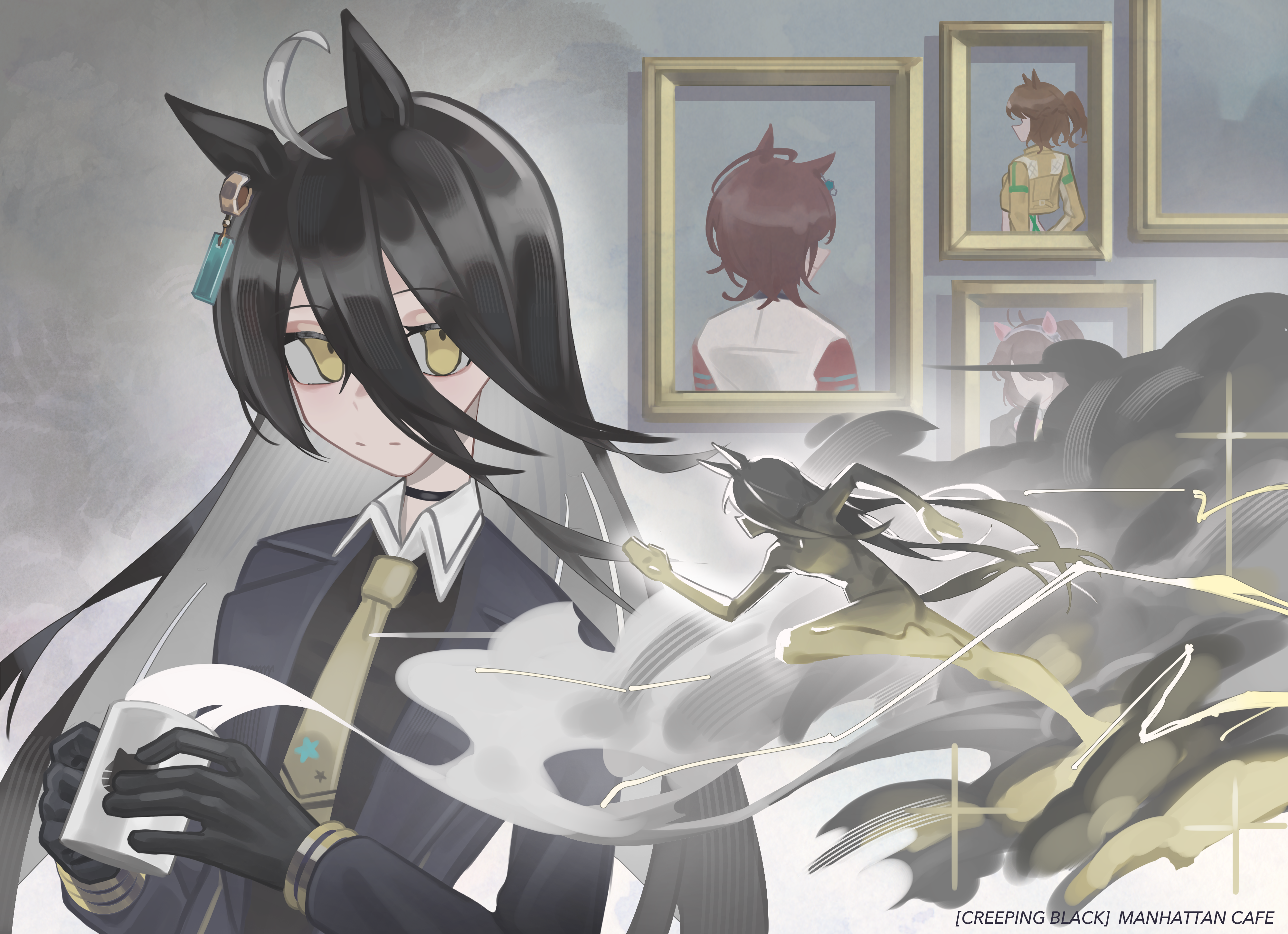 agnes tachyon (umamusume), dantsu flame (umamusume), jungle pocket (umamusume), manhattan cafe (creeping black) (umamusume), manhattan cafe (umamusume), umamusume, absurdres, highres, 1girl, animal print, black choker, black coat, black gloves, black shirt, cat print, choker, closed mouth, coat, contrast collar, cup, drakyu dor, ear ornament, ear tag, earrings, gloves, hair between eyes, hands up, holding, holding cup, inset, jewelry, long hair, long hair between eyes, long sleeves, mug, photo (object), picture frame, running, shirt, single earring, solo, steam, steaming cup, very long hair, yellow eyes