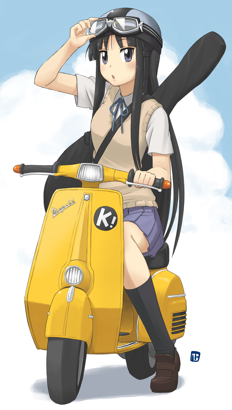 nagian, akiyama mio, flcl, k-on!, vespa, vehicle, bad id, bad pixiv id, highres, 1girl, bass guitar, black eyes, black hair, black socks, brown shoes, cloud, female focus, full body, goggles, goggles on headwear, guitar, guitar case, helmet, instrument, instrument case, loafers, long hair, looking at viewer, miniskirt, motor vehicle, motorcycle, motorcycle helmet, outdoors, parody, pleated skirt, school uniform, scooter, shoes, short sleeves, skirt, sky, socks, solo, sweater vest