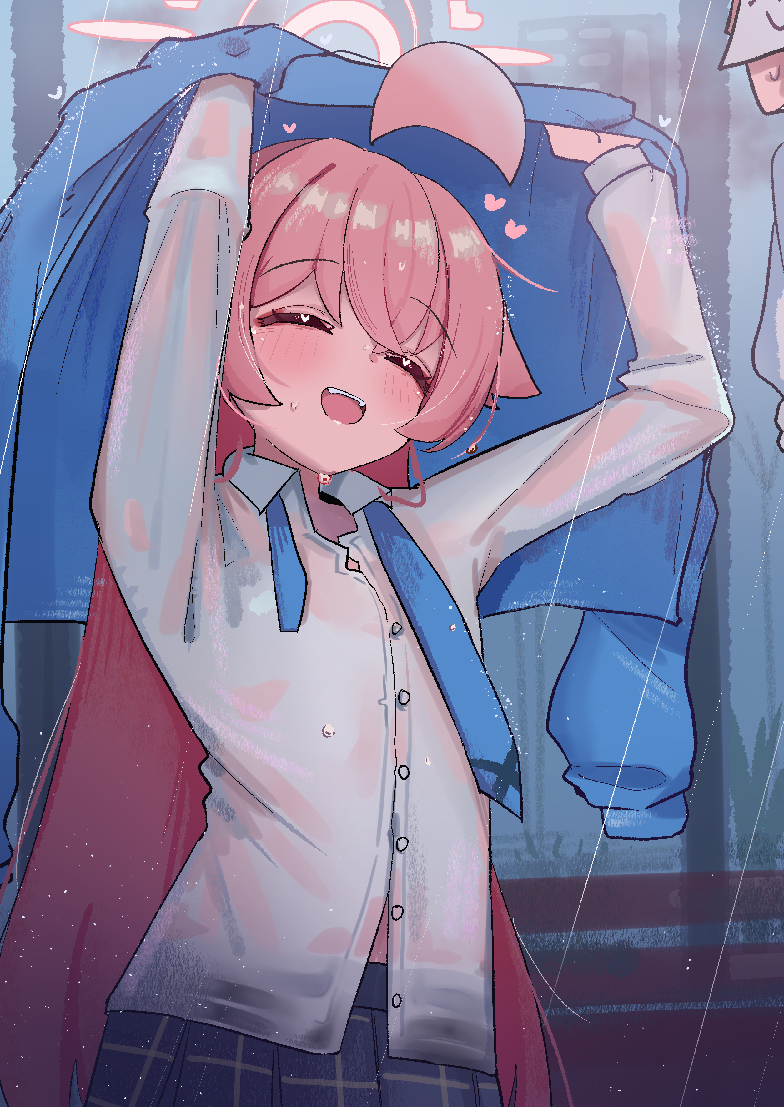 high (hgih), hoshino (blue archive), blue archive, absurdres, commentary, highres, 1girl, ahoge, blue jacket, blue necktie, blue skirt, blush, closed eyes, crossed bangs, hair between eyes, halo, holding, holding jacket, holding unworn clothes, jacket, long hair, necktie, open mouth, pink hair, pink halo, plaid clothes, plaid skirt, rain, shirt, sidelocks, skirt, solo, undone necktie, unworn jacket, wet, wet clothes, wet shirt, white shirt