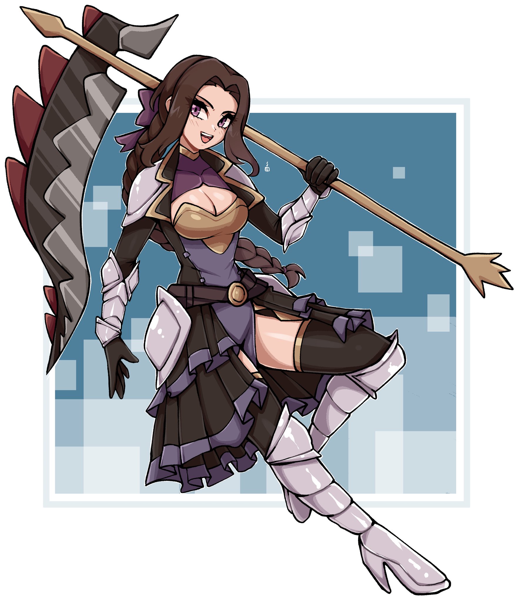 oninuer, original, commentary, commission, english commentary, highres, 1girl, armor, armored boots, black dress, black gloves, black thighhighs, blue background, boots, border, breasts, brown eyes, brown hair, cleavage, cleavage cutout, clothing cutout, dress, full body, gloves, high heel boots, high heels, holding, holding scythe, large breasts, long hair, looking at viewer, open mouth, outside border, scythe, shoulder armor, smile, solo, thighhighs, white border