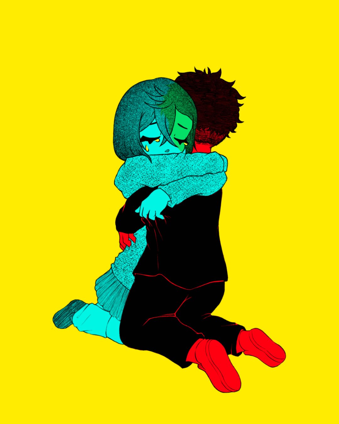 ayase momo, takakura ken (dandadan), dandadan, highres, 1boy, 1girl, arms around neck, black hair, black jacket, black pants, closed eyes, couple, crossed bangs, finchbites, gakuran, hair between eyes, hetero, hug, jacket, kneeling, loose socks, medium hair, pants, parted lips, pleated skirt, school uniform, short hair, skirt, socks, sweater, tears, white socks, yellow background