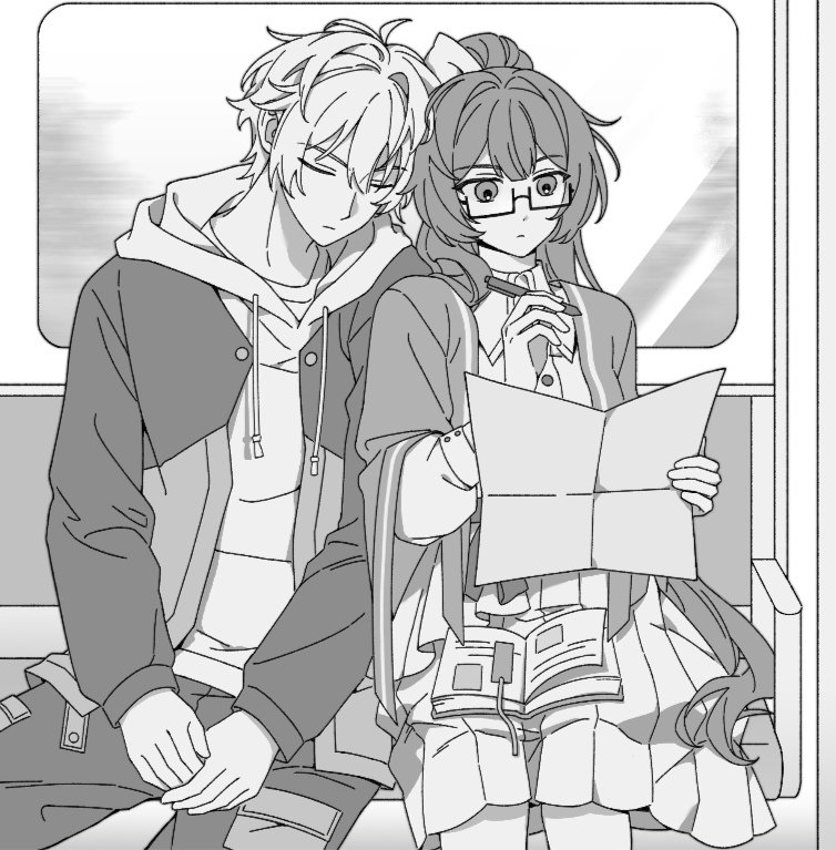 shiregotoaka, kevin kaslana, mei (honkai impact), honkai (series), honkai impact 3rd, commentary request, commission, 1boy, 1girl, antenna hair, closed eyes, closed mouth, collared dress, couple, dress, frilled dress, frills, glasses, hair between eyes, heads together, hetero, high ponytail, holding, holding paper, holding pen, hood, hood down, hoodie, jacket, leaning on person, leaning to the side, long hair, long sleeves, looking down, monochrome, official alternate costume, pants, paper, pen, ponytail, shade, short hair, sitting, sleeping, train interior, upper body, white jacket