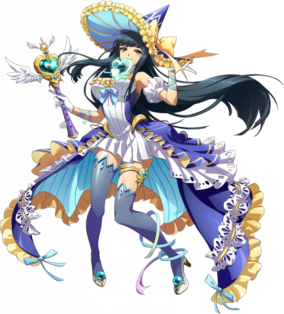 langrisser, langrisser mobile, langrisser re:incarnation, game cg, official art, third-party source, 1girl, adjusting clothes, adjusting headwear, ankle ribbon, bare shoulders, black hair, blue gemstone, blue hat, blue ribbon, blue thighhighs, bow, breasts, brown eyes, cleavage, closed mouth, detached sleeves, dress, floating clothes, floating hair, frilled hat, frilled skirt, frills, full body, gem, gloves, gold thighlet, hat, hat ribbon, heart, heart wand, high heels, holding, holding wand, jewelry, large breasts, layered dress, leg ribbon, long hair, long sidelocks, looking at viewer, magic, magical girl, maiya (langrisser), multicolored dress, official alternate costume, pleated dress, puffy detached sleeves, puffy sleeves, ribbon, shoes, showgirl skirt, sidelocks, simple background, skirt, smile, solo, standing, tachi-e, thighhighs, thighlet, transparent background, two-tone skirt, very long hair, wand, white dress, white gloves, white shoes, witch hat, wrist ribbon, yellow ribbon, zettai ryouiki