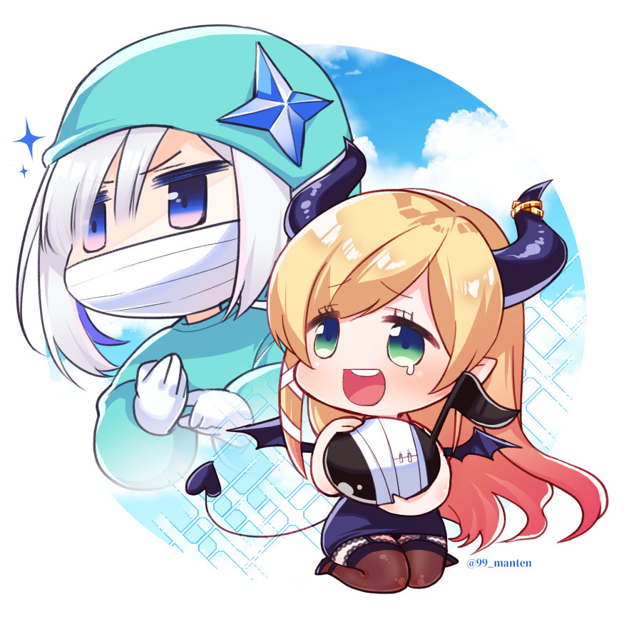 n gyou, amane kanata, yuzuki choco, yuzuki choco (1st costume), hololive, commentary request, 2girls, adjusting clothes, adjusting gloves, blonde hair, blue hair, chibi, chibi only, demon girl, demon horns, demon tail, demon wings, full body, garter straps, gloves, gradient hair, green eyes, horn ornament, horn ring, horns, jitome, kneeling, long hair, mask, medical scrubs, mouth mask, multicolored hair, multiple girls, musical note, pointy ears, purple hair, skirt, sparkle, streaked hair, surgical cap, surgical mask, tail, teardrop, thighhighs, very long hair, virtual youtuber, white hair, wings