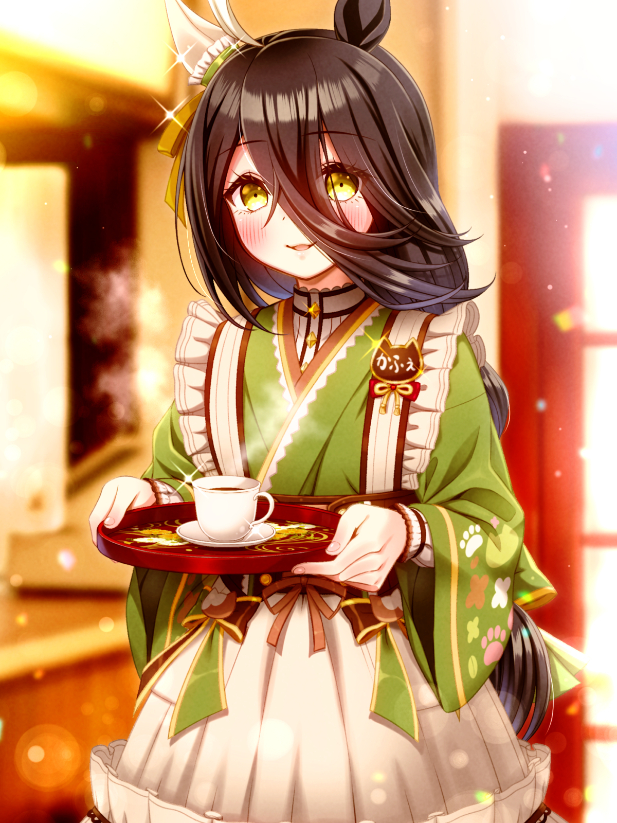 sugimotty nova, manhattan cafe (umamusume), manhattan cafe (verdant night) (umamusume), umamusume, highres, 1girl, ahoge, black hair, blush, cup, ear covers, flat chest, green kimono, green ribbon, hair between eyes, hair ribbon, hands up, holding, holding tray, japanese clothes, kimono, long hair, long hair between eyes, long sleeves, multicolored hair, parted lips, plate, ribbon, single ear cover, skirt, smile, solo, steam, steaming cup, tray, very long hair, white hair, white skirt, wide sleeves, yellow eyes