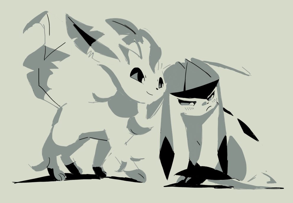 lukasandatta, glaceon, leafeon, nintendo, pokemon, animal focus, blush, closed mouth, forked tail, frown, full body, gen 4 pokemon, leaf, looking at another, monochrome, pokemon (creature), pokemon focus, smile, tail