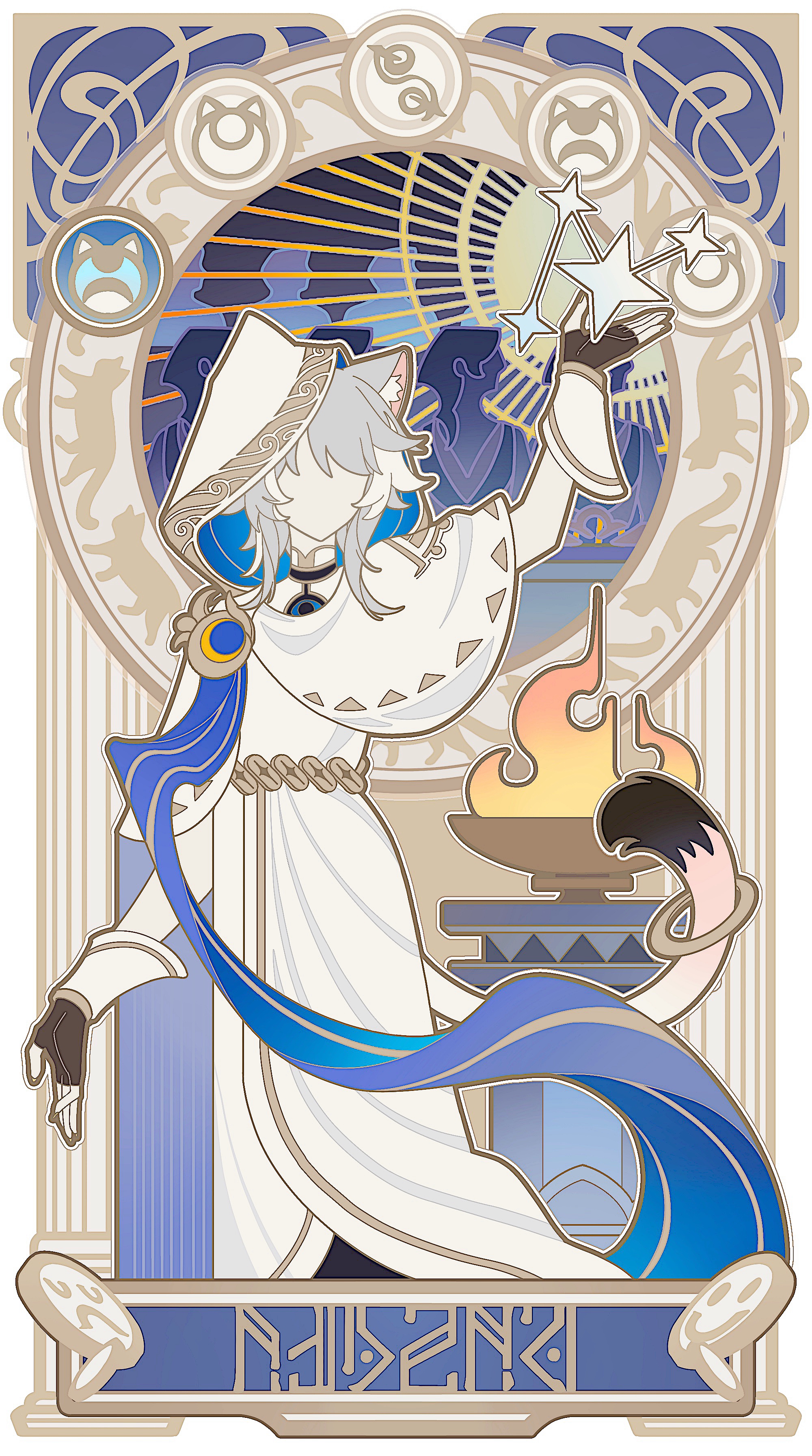 cipher (atticus) (honkai: star rail), cipher (honkai: star rail), honkai: star rail, honkai (series), absurdres, chinese commentary, commentary request, highres, 1girl, animal ears, arm up, banjiangli, black gloves, capelet, cat ears, cat tail, dress, fingerless gloves, gloves, grey hair, hood, hooded capelet, parody, short hair, solo, standing, tail, tail ornament, tail ring, white capelet, white dress