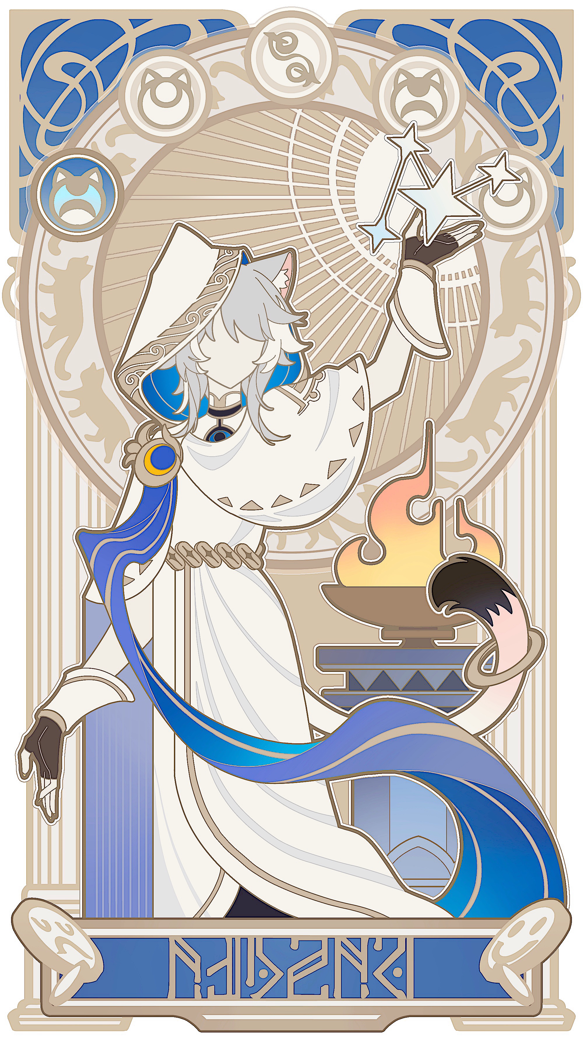 cipher (atticus) (honkai: star rail), cipher (honkai: star rail), honkai: star rail, honkai (series), absurdres, chinese commentary, commentary request, highres, 1girl, animal ears, arm up, banjiangli, black gloves, capelet, cat ears, cat tail, dress, fingerless gloves, gloves, grey hair, hood, hooded capelet, parody, short hair, solo, standing, tail, tail ornament, tail ring, white capelet, white dress