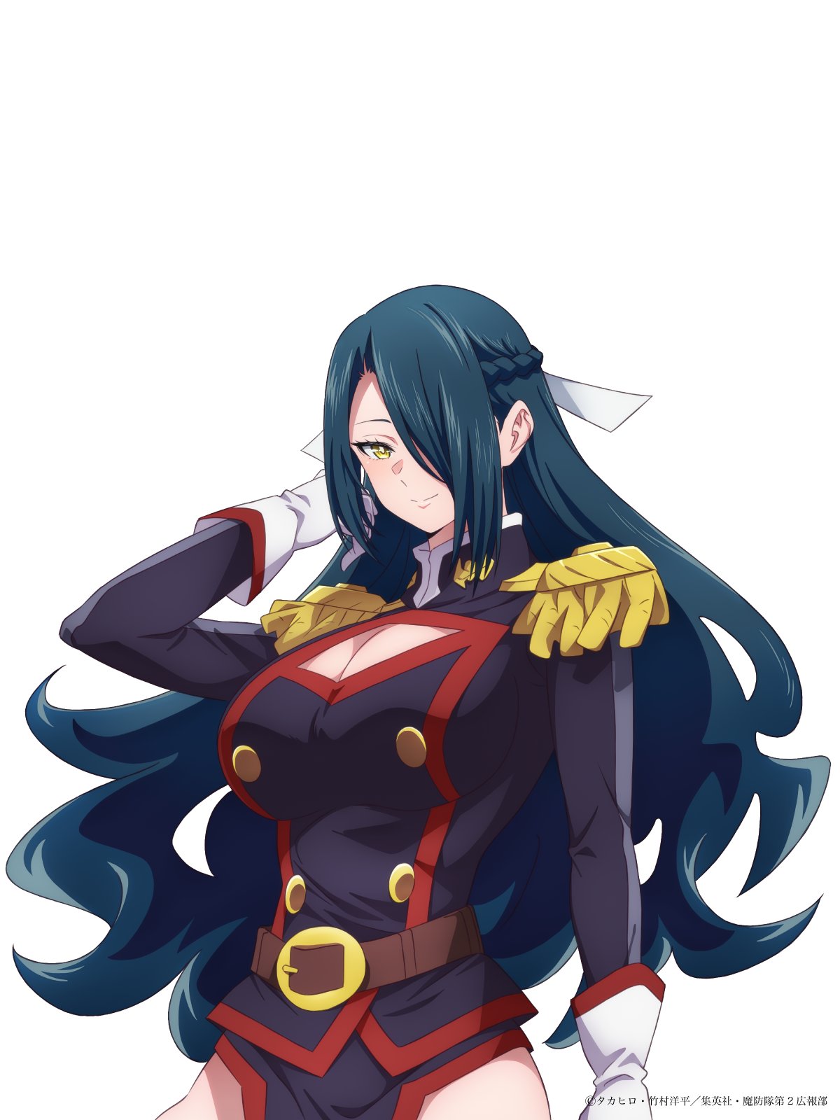 azuma fubuki, mato seihei no slave, highres, official art, 1girl, anti-demon corps uniform, belt, blue hair, braid, breasts, cleavage, cleavage cutout, clothing cutout, cowboy shot, epaulettes, gloves, hair over one eye, half up braid, large breasts, long hair, mature female, pelvic curtain, red belt, red trim, simple background, smile, solo, thighs, white background, white gloves, yellow eyes