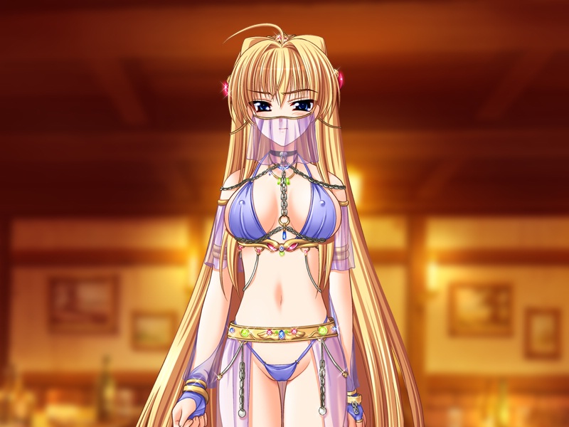 jeanne grenoble, inda no himekishi jeanne, tagme, 1girl, ahoge, arabian clothes, belly dancer, blonde hair, blue eyes, breasts, chain, choker, cowboy shot, female focus, hair ornament, harem outfit, indoors, jewelry, large breasts, long hair, midriff, narrow waist, navel, see-through clothes, solo, thigh gap, thighs, uncensored, veil, very long hair