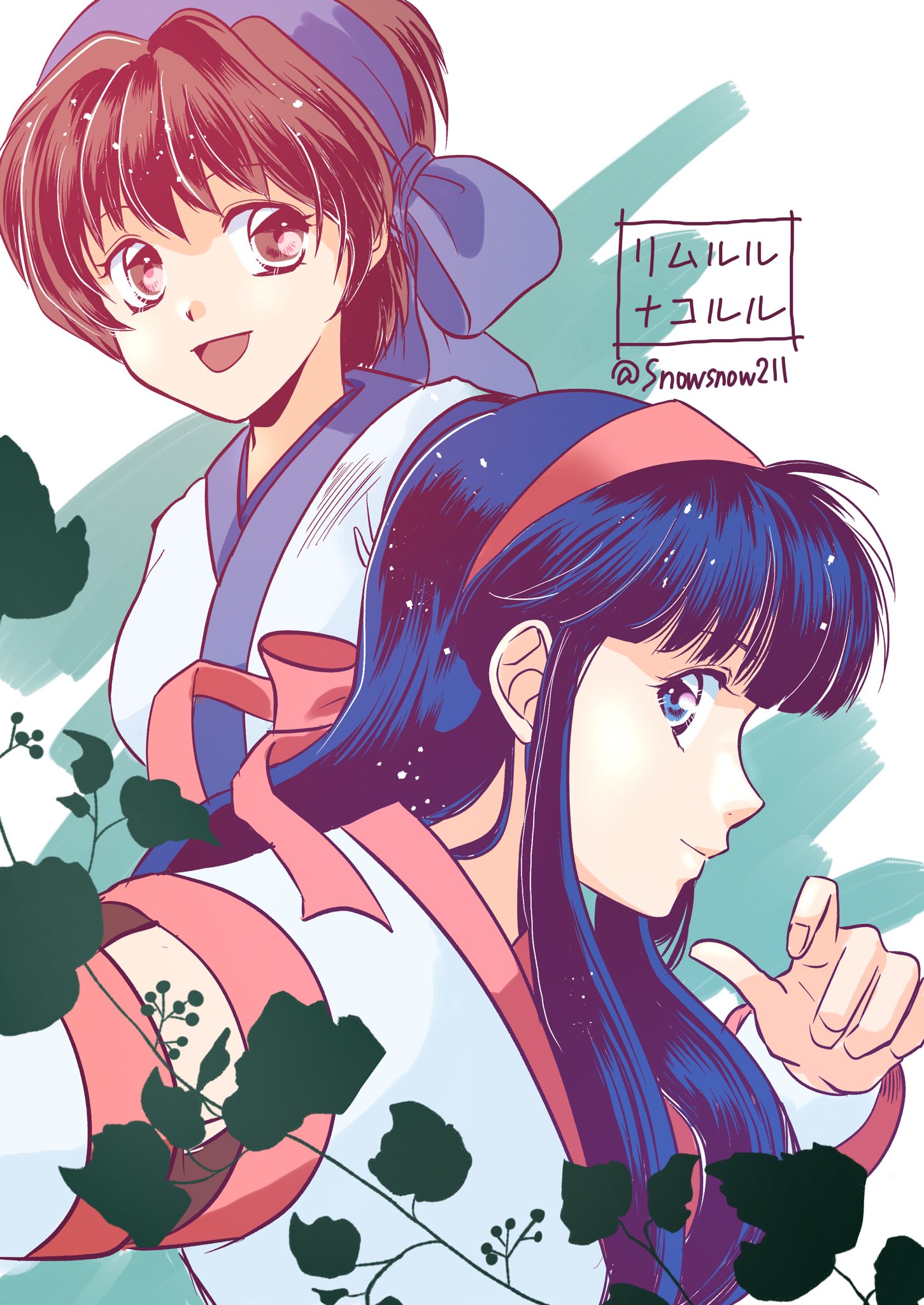 nakoruru, rimururu, samurai spirits, snk, the king of fighters, highres, translated, 2girls, ainu clothes, arm up, artist name, blue eyes, blue hair, breasts, brown eyes, brown hair, character name, fingerless gloves, gloves, hair ribbon, japanese text, large breasts, long hair, looking at viewer, multiple girls, open mouth, outstretched arm, ribbon, short hair, siblings, sisters, smile, solo, tongue