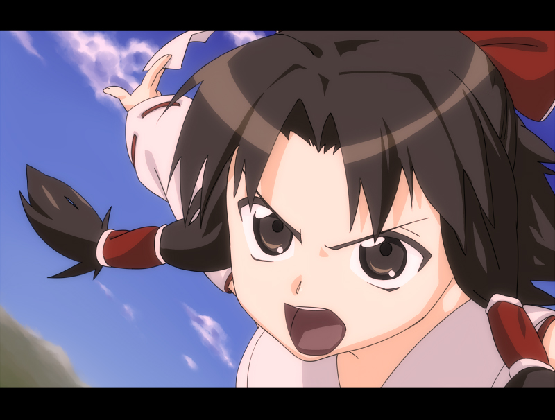 chibi maru, hakurei reimu, touhou, bad id, bad pixiv id, 1girl, angry, anime coloring, brown eyes, brown hair, close-up, day, female focus, letterboxed, ofuda, open mouth, sky, solo