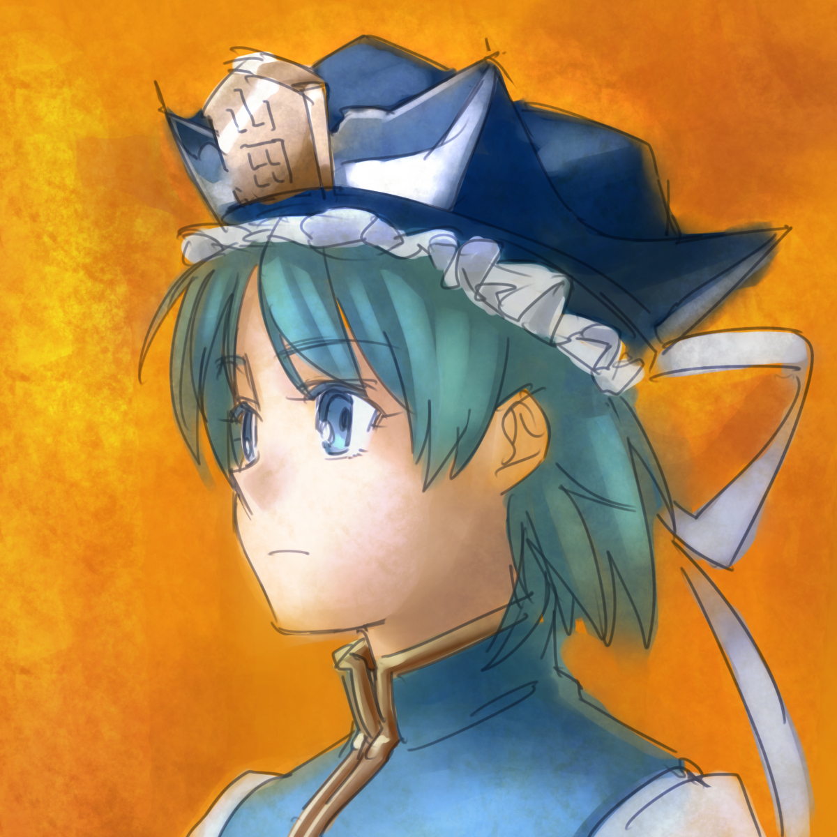 chibi maru, shiki eiki, touhou, bad id, bad pixiv id, highres, 1girl, aqua hair, blue eyes, female focus, hat, portrait, short hair, solo, upper body