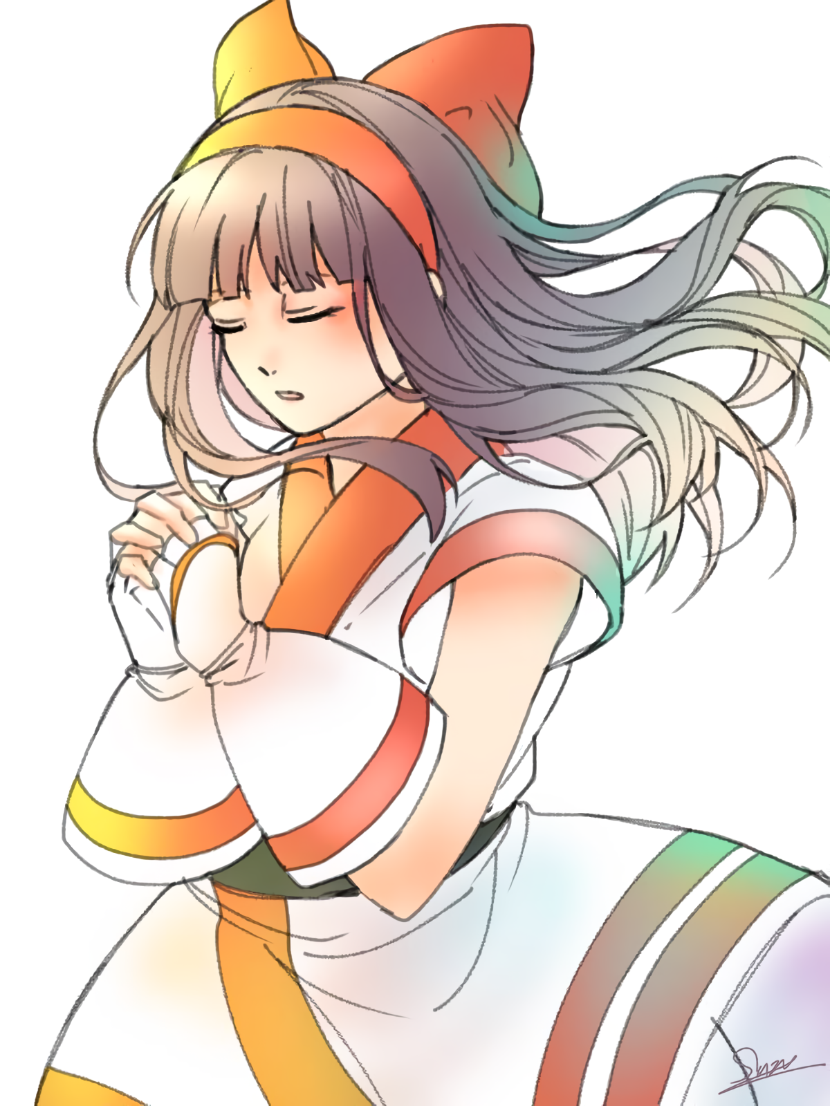 nakoruru, samurai spirits, snk, the king of fighters, highres, 1girl, ainu clothes, artist name, black hair, breasts, closed eyes, fingerless gloves, gloves, hair ribbon, legs, long hair, own hands clasped, pants, parted lips, praying, ribbon, small breasts, solo, thighs, tongue