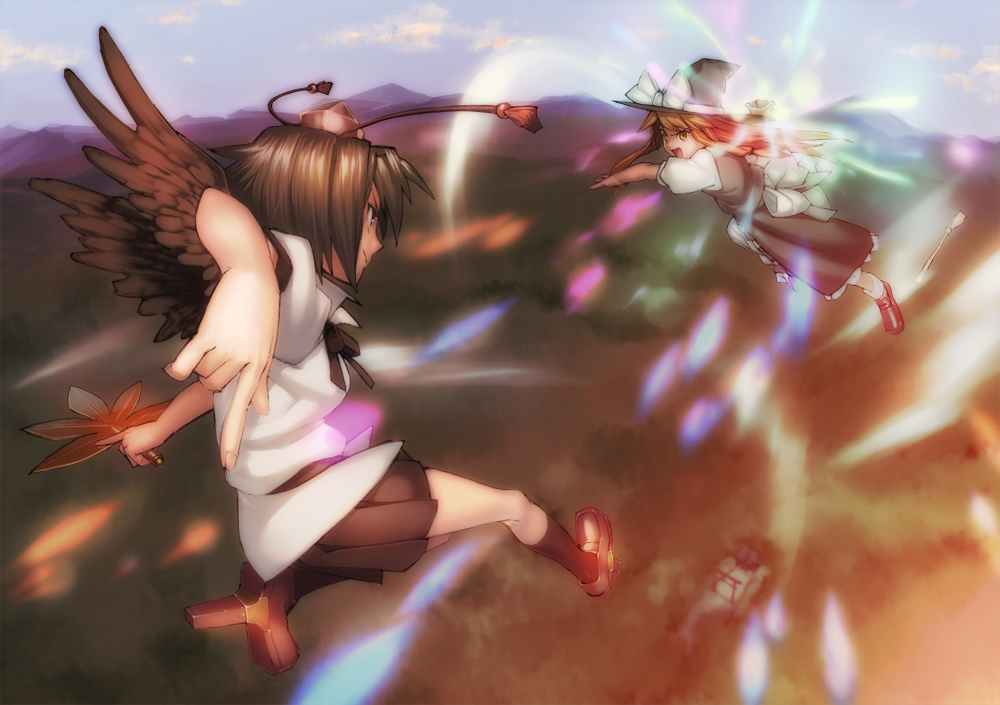 chibi maru, kirisame marisa, shameimaru aya, touhou, bad id, bad pixiv id, 2girls, battle, black hair, black wings, blonde hair, broom, danmaku, female focus, flying, geta, hand fan, hat, long hair, midair, mini-hakkero, multiple girls, short hair, tengu-geta, tokin hat, torii, wings, witch, witch hat